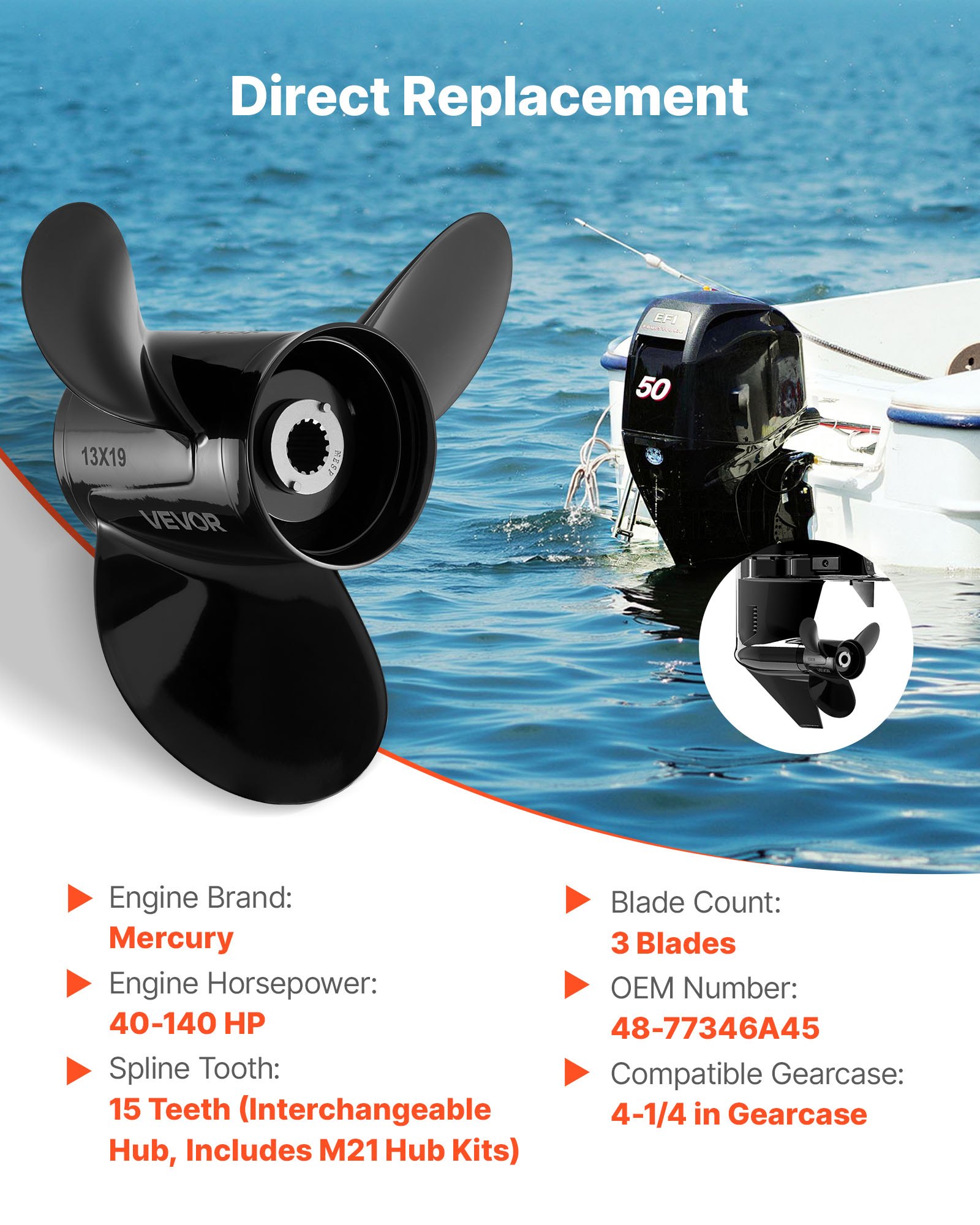 Outboard Propeller, Upgrade OEM 15 Spline Tooth Aluminum Outboard Boat Propeller Fit Mercury Engines 40-140 HP, 4-1/4" Gearcase, 3-Blade, RH (Right Hand Rotation), OEM Parts No. 48-77346A45
