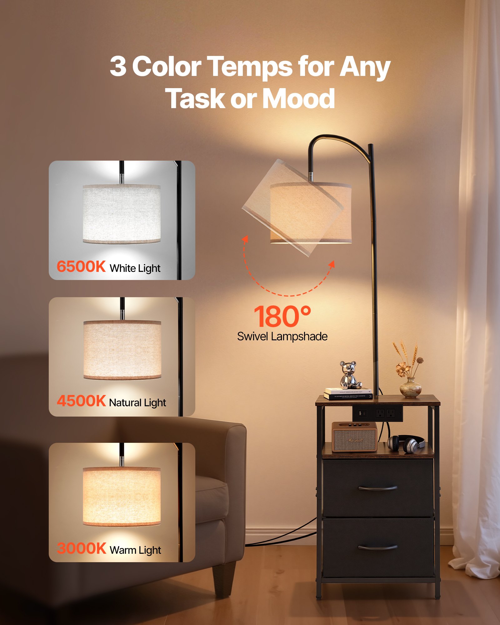 Floor Lamp With Table, 2-Tier End Table With 2 Drawers And 3 Color Temperature Lighting, Modern Side Nightstand Bedside Desk With USB & Type C & AC Charging Port For Living Room, Bedroom, Dorm