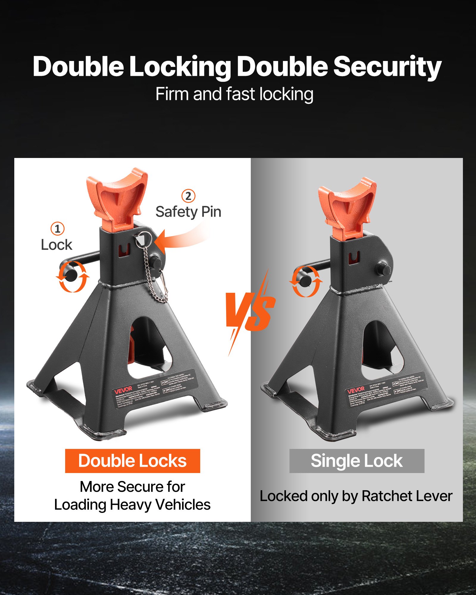 Jack Stands, 3 Ton (6,600 Lbs) Capacity, 10.8-16.3 In Adjustable Height, Heavy Duty Steel Jack Auto Stands With Double Locking, For Lifting SUV, Pickup, Car, UTV/ATV, 1 Pair, Black And Orange