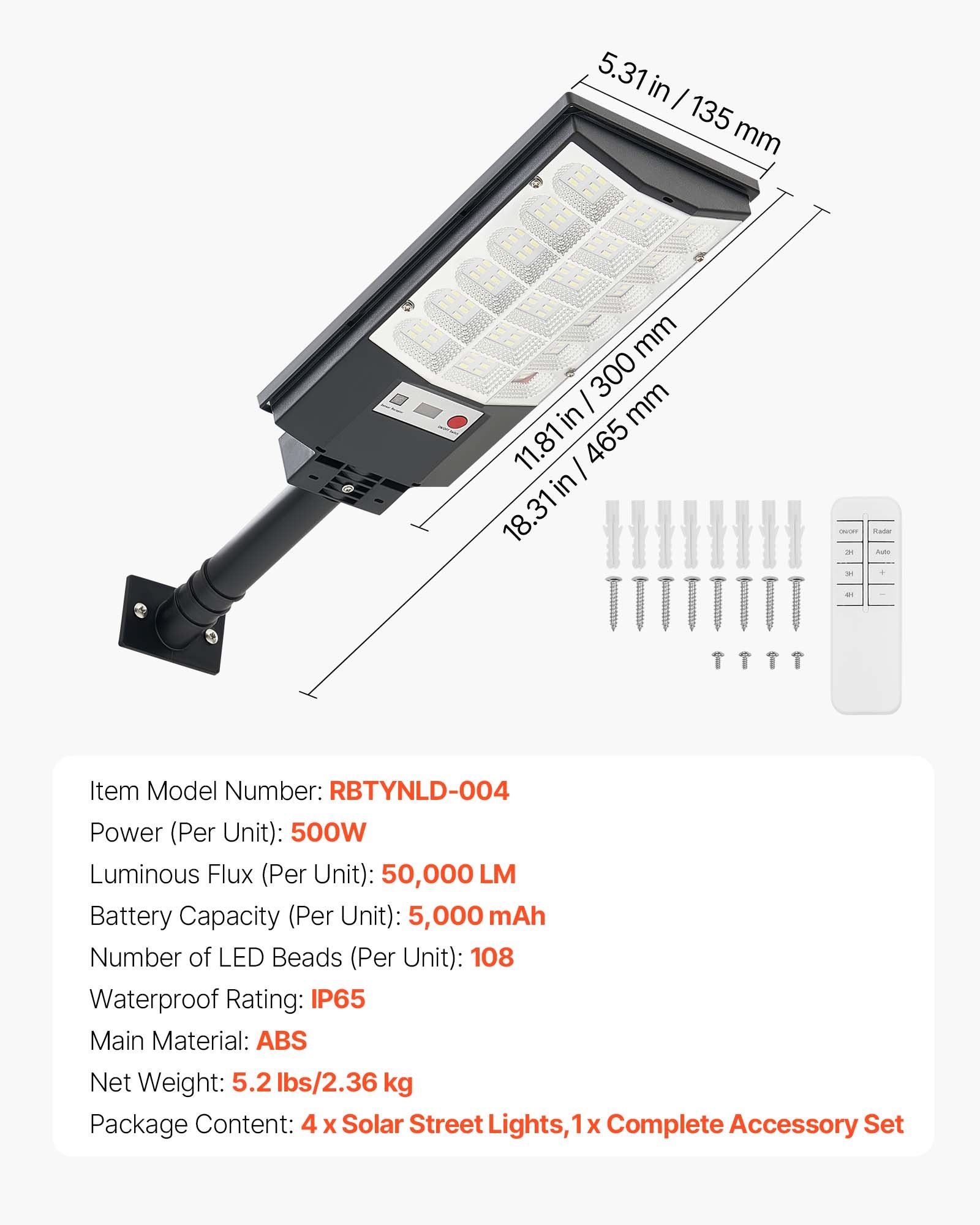 4 Pack 500W Solar Street Lights Outdoor, 50000LM, Commercial Parking Lot Lights Dusk To Dawn, LED Flood Security Lamp With Motion Sensor, IP65 Waterproof Outdoor Lighting, For Driveway Yard