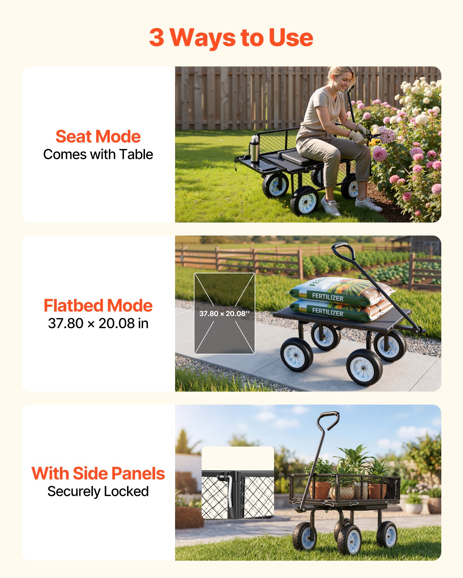 Garden Cart With Seat, 500 LBS, Rolling Steel Garden Work Seat With Wheels, Heavy Duty Gardening Stool, With Tool Tray & Adjustable Handle, Outdoor Yard Wagon, For Lawn, Patio, Backyard, Black