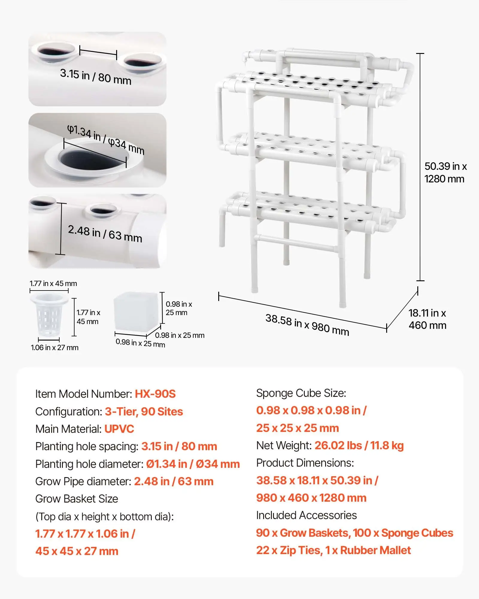 Hydroponics Growing System Kit, 3-Tier 90 Sites