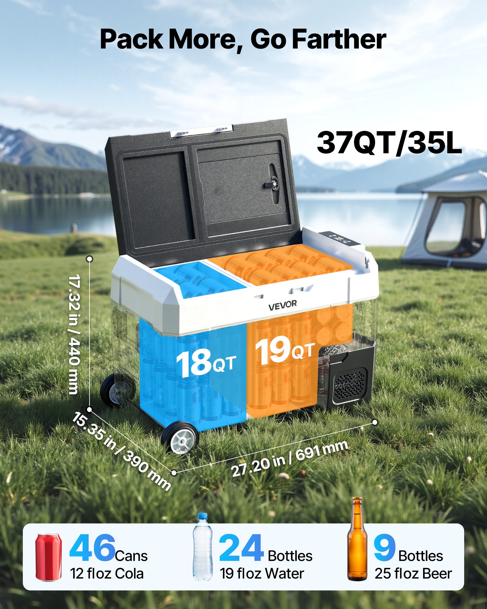 Car Refrigerator, DC 12/24V AC100-240V Compressor Electric Cooler, -4°F To 68°F Truck Refrigerator With APP Control, Wheels & Dual Zone, 37 QT Cars Cooler For RVs, Boats, Camping, Fishing