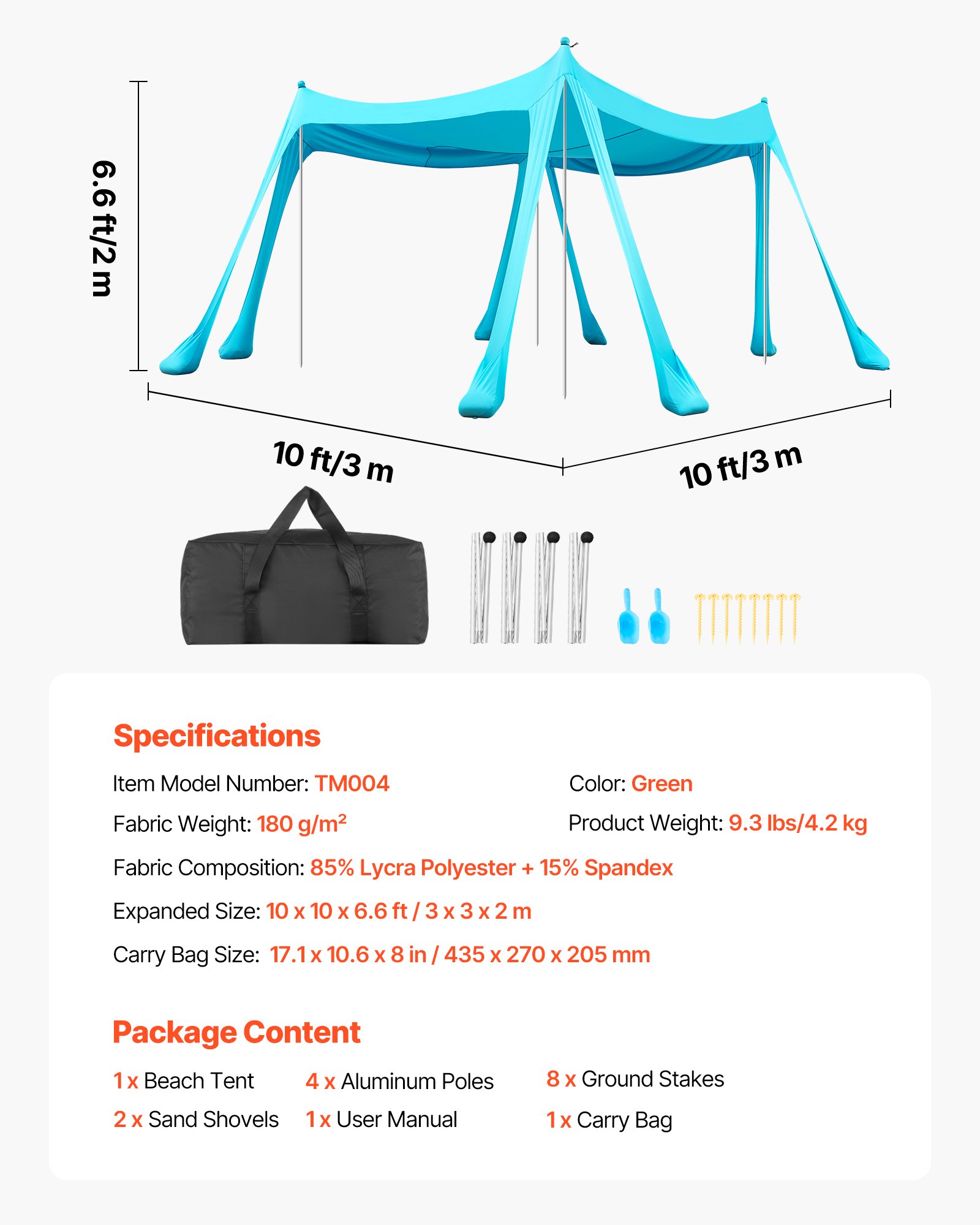 Beach Tent Sun Shelter, UPF50+ Sun Protection, 6.6 Ft Tall, 10 X 10 Ft, Easy Pop Up Beach Canopy With Sandbags, Stability Poles, Sand Shovels, Portable Shade For Family, Camping, Fishing, Green
