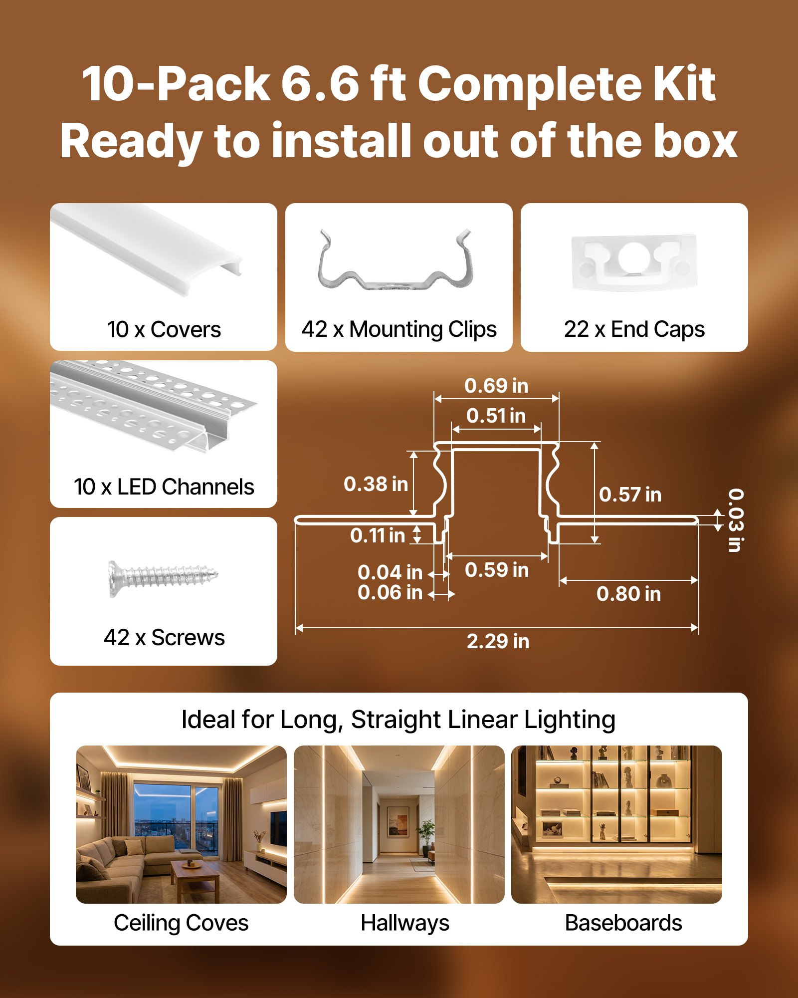 Plaster-in LED Aluminum Channel, 10-Pack 6.6 Ft/2M, Trimless Recessed Drywall LED Strip Diffuser Channel, With Milky Cover, End Caps And Mounting Clips, Aluminum Profile, For Wall And Ceiling