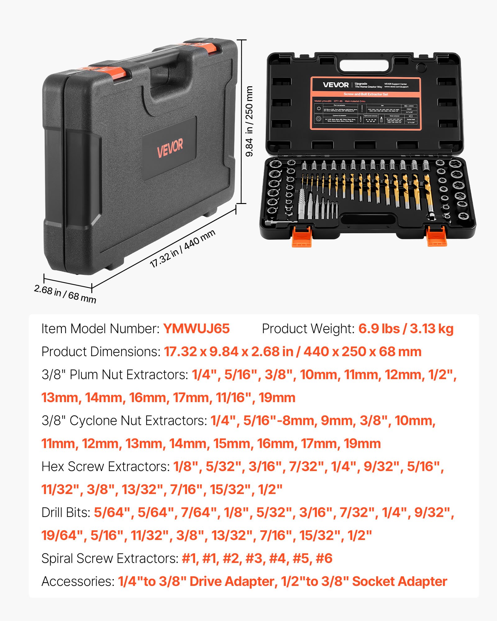 Screw Extractor Set With Drill Bits, 65 Pieces, Easy Out Nut Bolt Extractors And Drill Bits, With Adapters, Solid Storage Case, Cr-Mo Steel For Removing Rounded, Broken, Or Stripped Fasteners