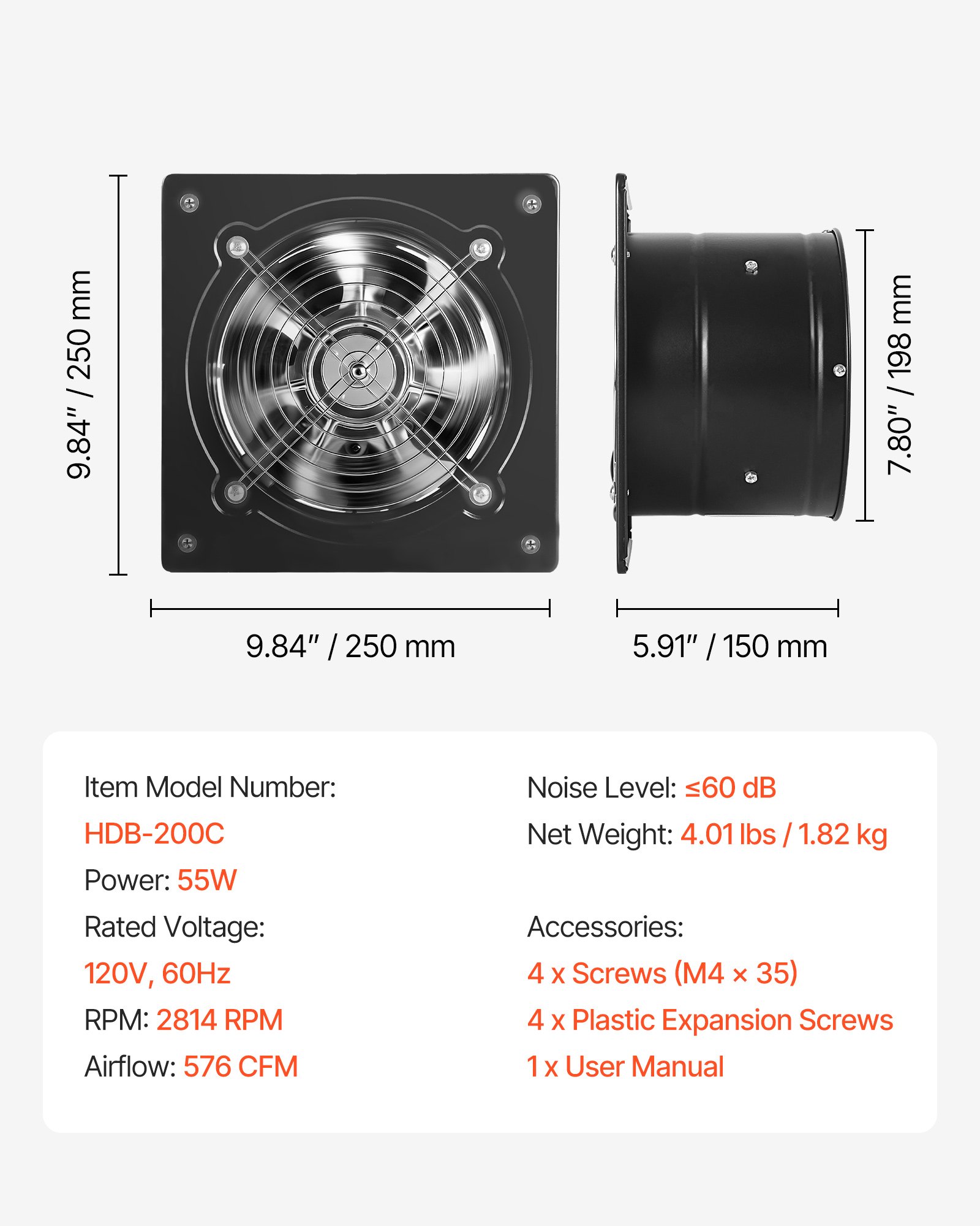 8 Inch Exhaust Fan, 576 CFM High Velocity Wall Mount Vent Fan With On/Off Control, Low Consumption, Portable Ventilation Extractor For Attic,Garage,Basement,Workshop,Kitchen, Chicken Coop,Black