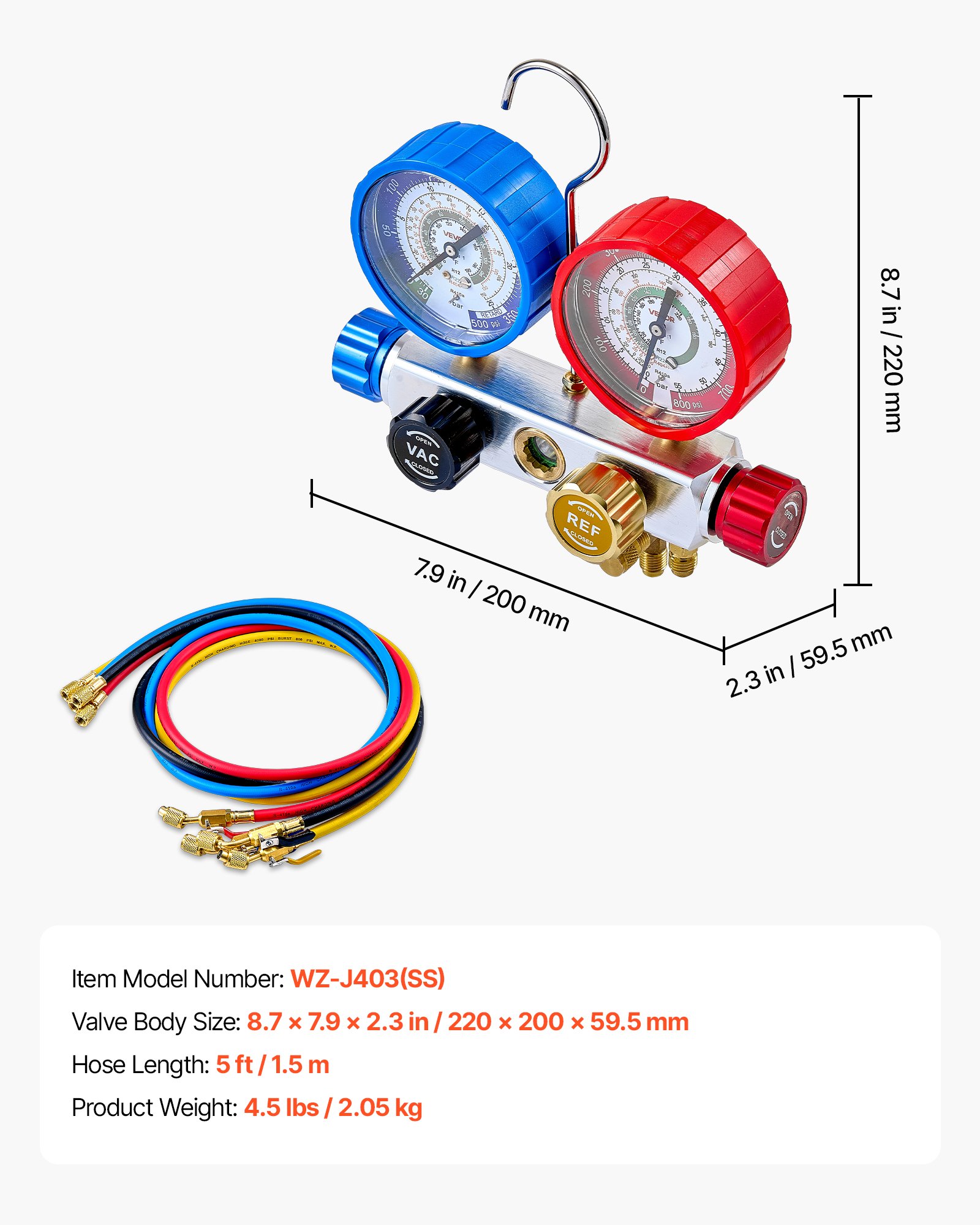 Gauge per Refrigeranti R22, R404A, R410A, R12 - Manifold, 5 ft Hose, per Automobilistico e Aria Condizionata Domestica.