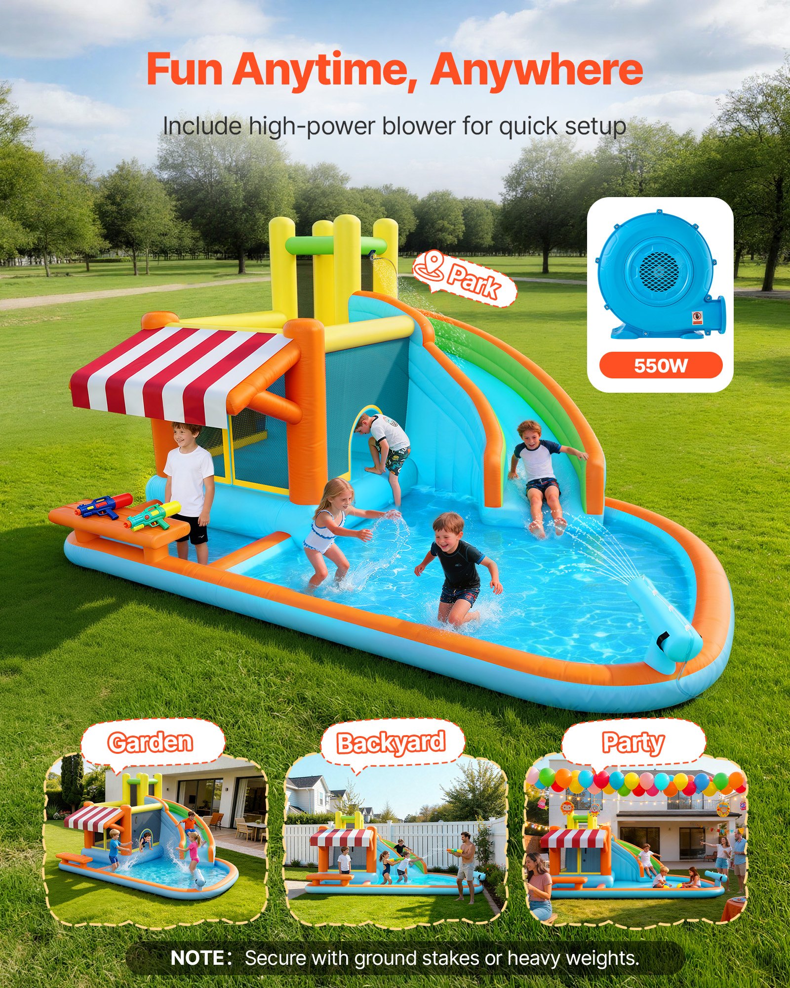 Inflatable Bounce House, 14.9 X 12.8 X 7.8 Ft Inflatable Bounce House Water Slide, Bouncer Castle With Castle Bounces, Tall Slide, Splash Pool & Pretend Market Booth, For 3 To 4 Kids Ages 3 To 8