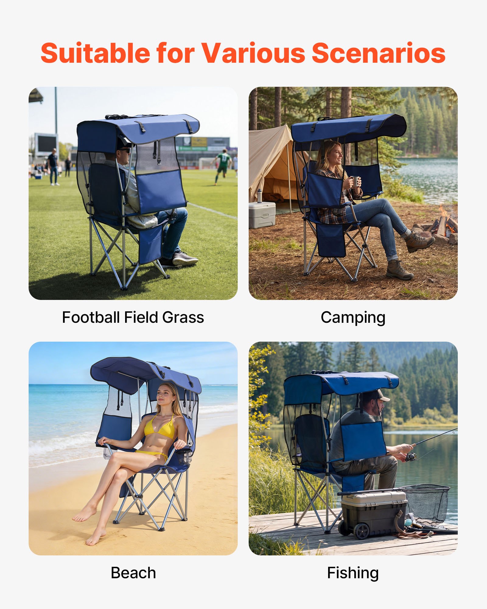 Camping Chair With Canopy Shade, Folding Beach Chair With Canopy & Magazine Pocket, 2 Cup Holders, 330 Lbs Heavy Duty Support, Carry Bags For Outdoor, Camp, Fishing, Tailgates, Deep Blue