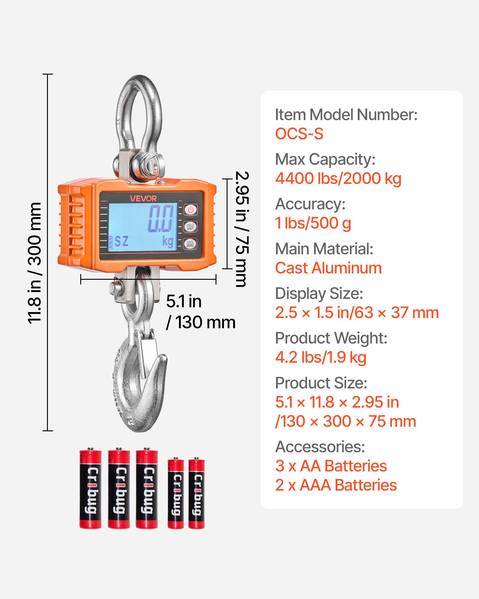 Digital Crane Scale, 4400 Lbs/2000 Kg Max Capacity, Heavy Duty Industrial Hanging Scale With Cast Aluminum Case & LCD Display, 1 Lbs Division & 3 Unit Switch, Remote Control For Garage Factory