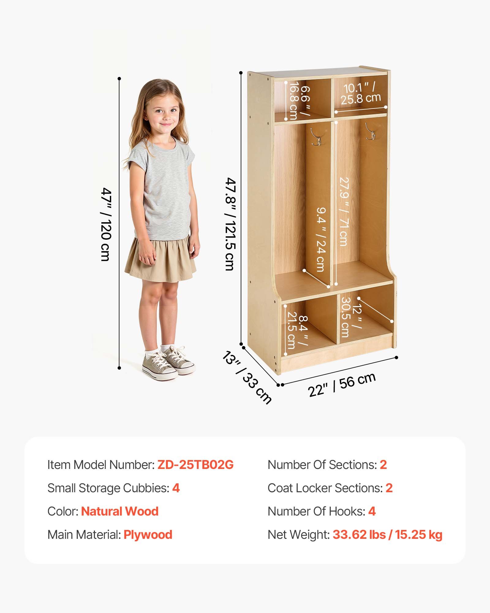 2-Section Kids Coat Locker, Wooden Toddler Cubby Storage Organizer With 4 Hooks & Anti-Tip Kit, Modern Kid Coat Cubbies With 4 Small Open Storage Boxes For Home, Kindergarten, Daycare, Natural