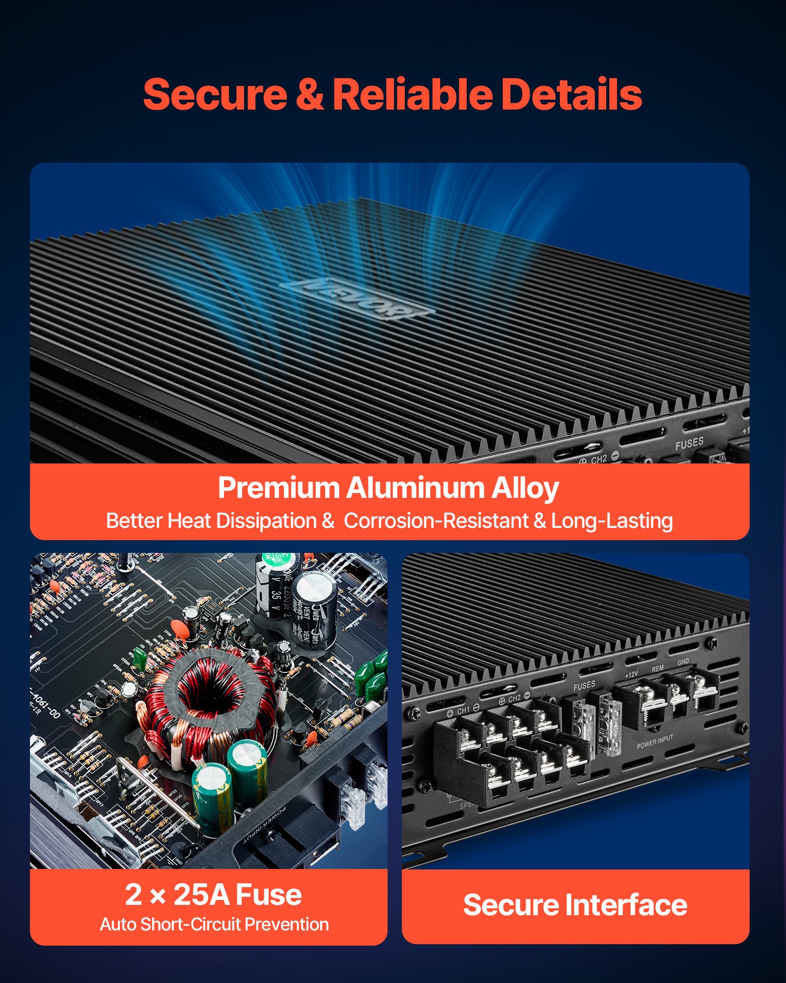 4 Channel Car Audio Amplifier 2 Ohm Stable Bridgeable Class A/B Full Range Amp Max Power 4 X 200W @ 4 Ohm / 4 X 400W @ 2 Ohm For Car SUV Truck Off-Road