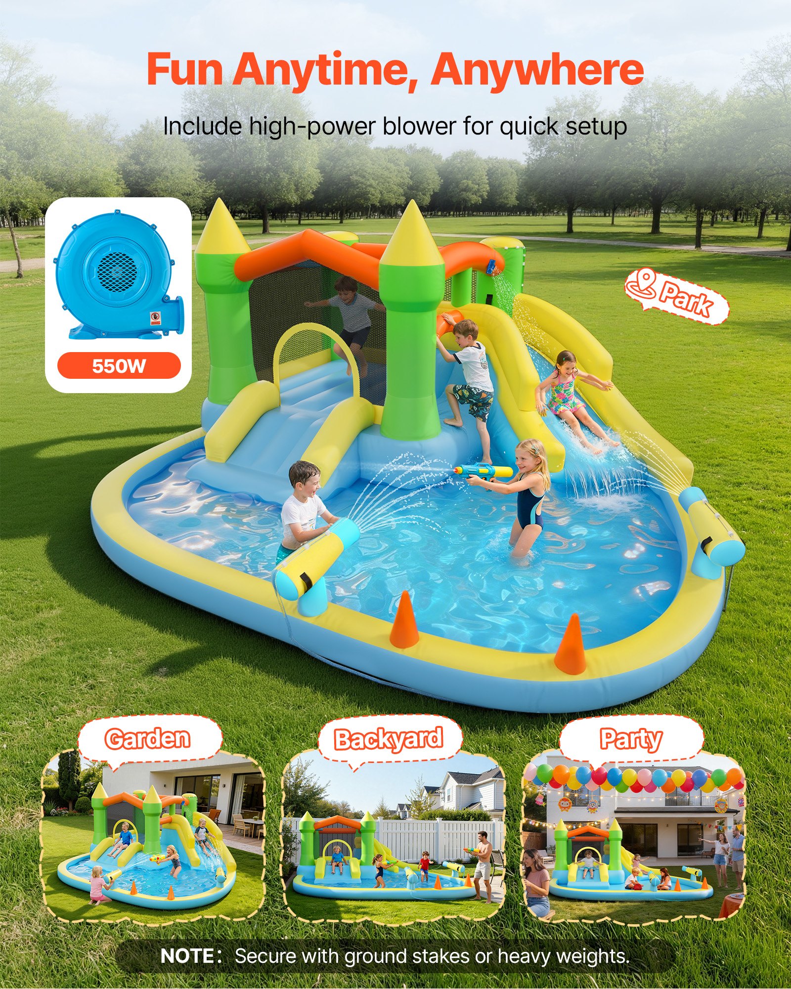 Inflatable Bounce House, 12.5 X 13.1 X 6.5 Ft Inflatable Bounce House Water Slide, Bouncer Castle With Castle Bounces, Basketball Hoop, Splash Pool & Water Ring Toss, For 3 To 4 Kids Ages 3 To 8