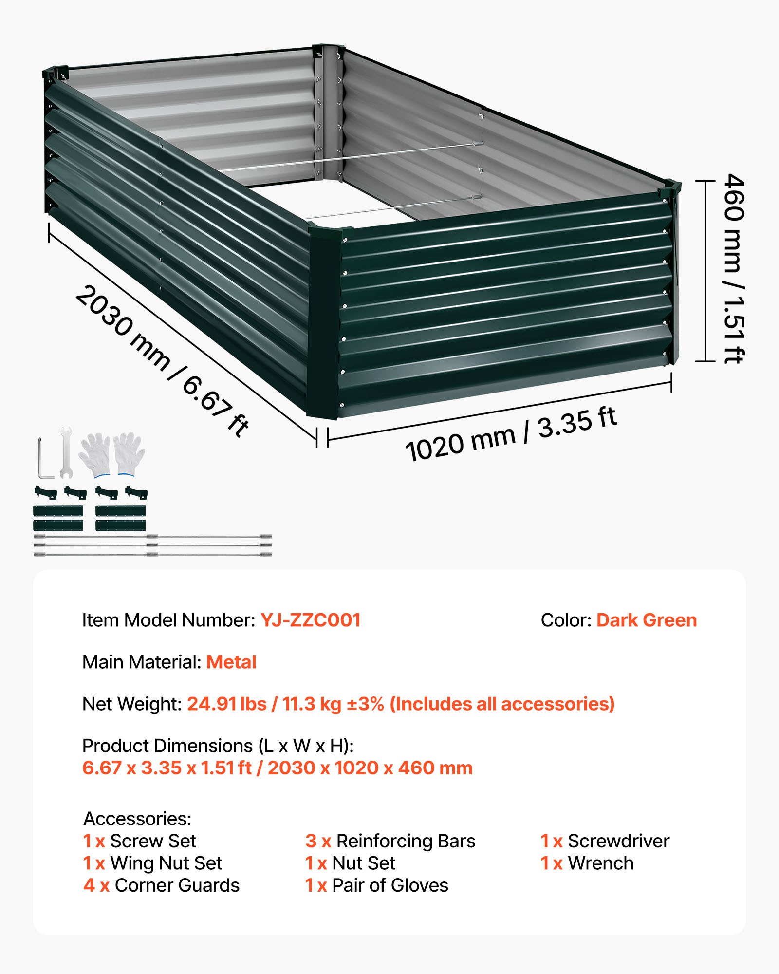Galvanized Raised Garden Bed, 6.67 X 3.35 X 1.51 Ft, Rectangular Metal Planter Box Kit Outdoor, Rustproof Elevated Planting Box With Gloves, Alu-Zinc, For Growing Flowers Vegetables, Dark Green