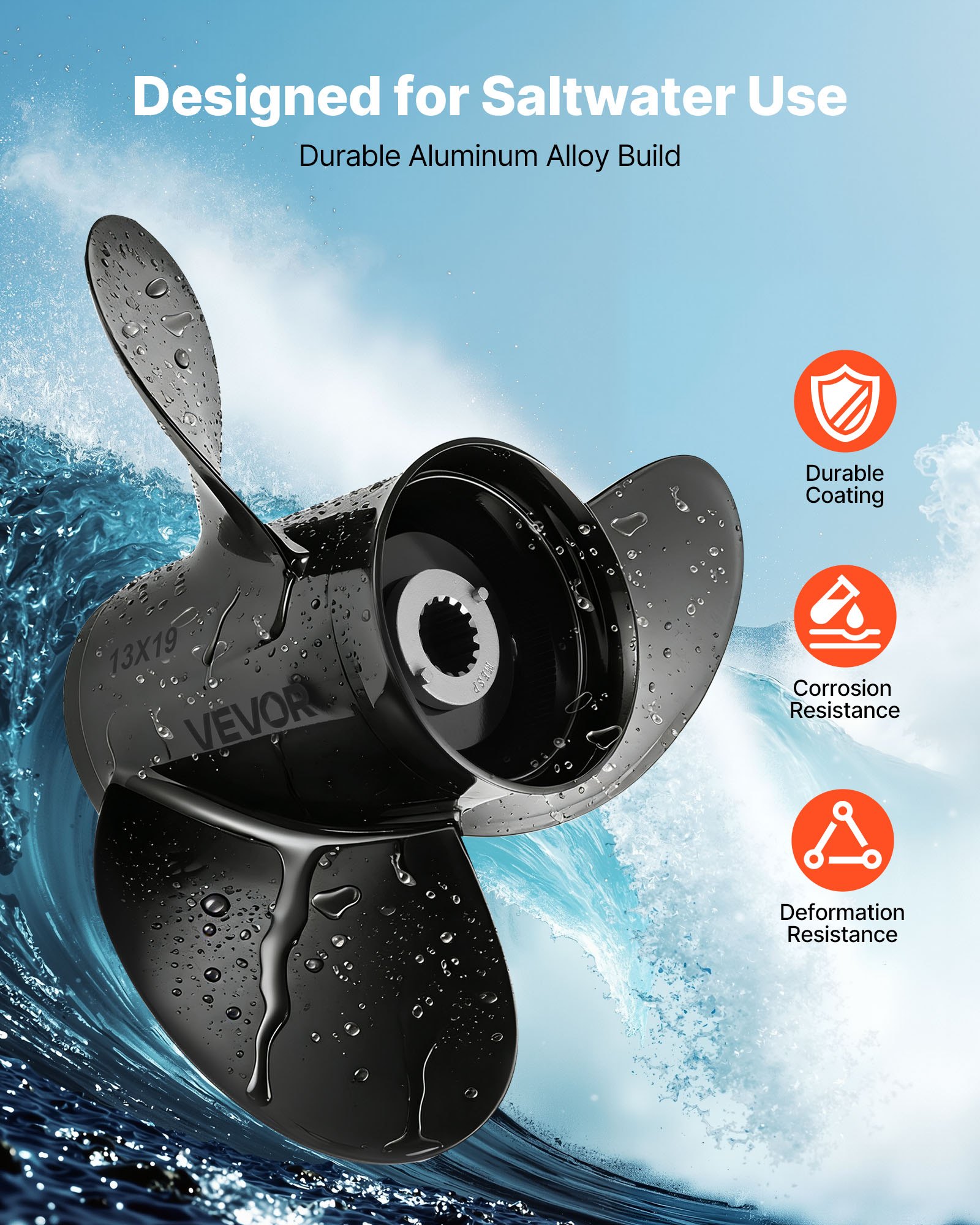 Outboard Propeller, Upgrade OEM 15 Spline Tooth Aluminum Outboard Boat Propeller Fit Mercury Engines 40-140 HP, 4-1/4" Gearcase, 3-Blade, RH (Right Hand Rotation), OEM Parts No. 48-77346A45