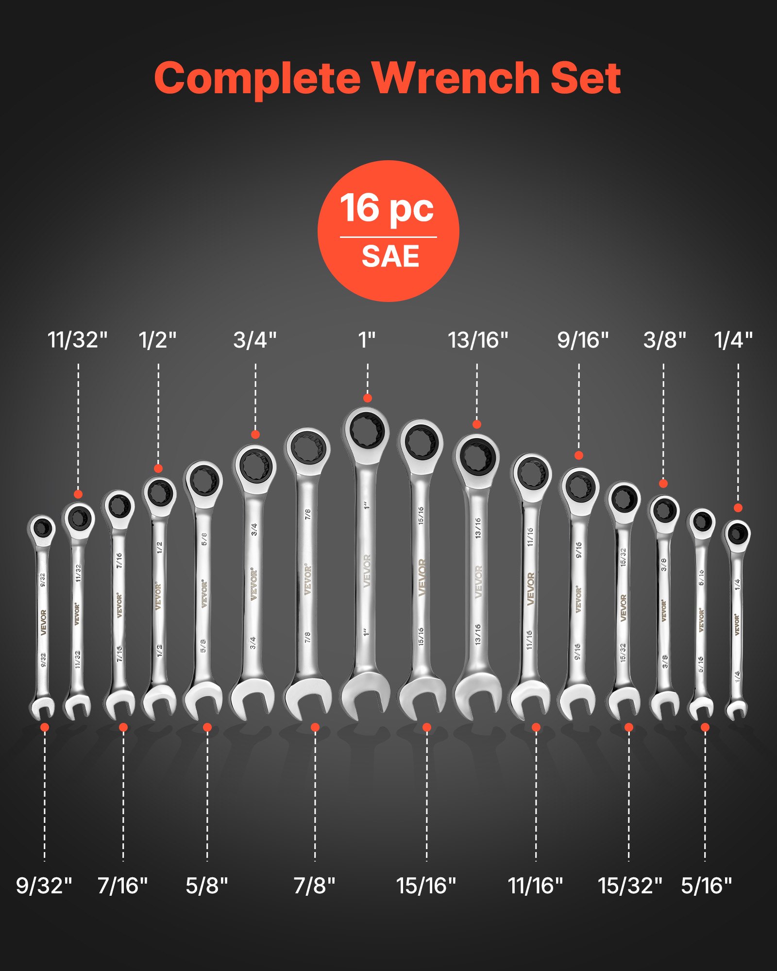 Combination Wrench Set, 16-Piece SAE Sizes, 72 Teeth, Cr-V Steel Ratcheting Wrench Set, With Roll Up Pouch, Open End, Clear Size Labels, For General Household And Automotive Repairs, Silver