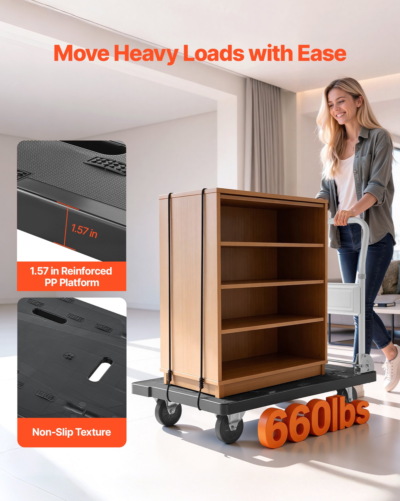 Foldable Push Cart Dolly, 660 Lbs Capacity, Folding Platform Truck With Swivel Wheels, Moving Platform Hand Truck Flatbed Cart, Space Saving Push Handle, For Easy Storage, 35.2 X 23.4 X 33.5 In