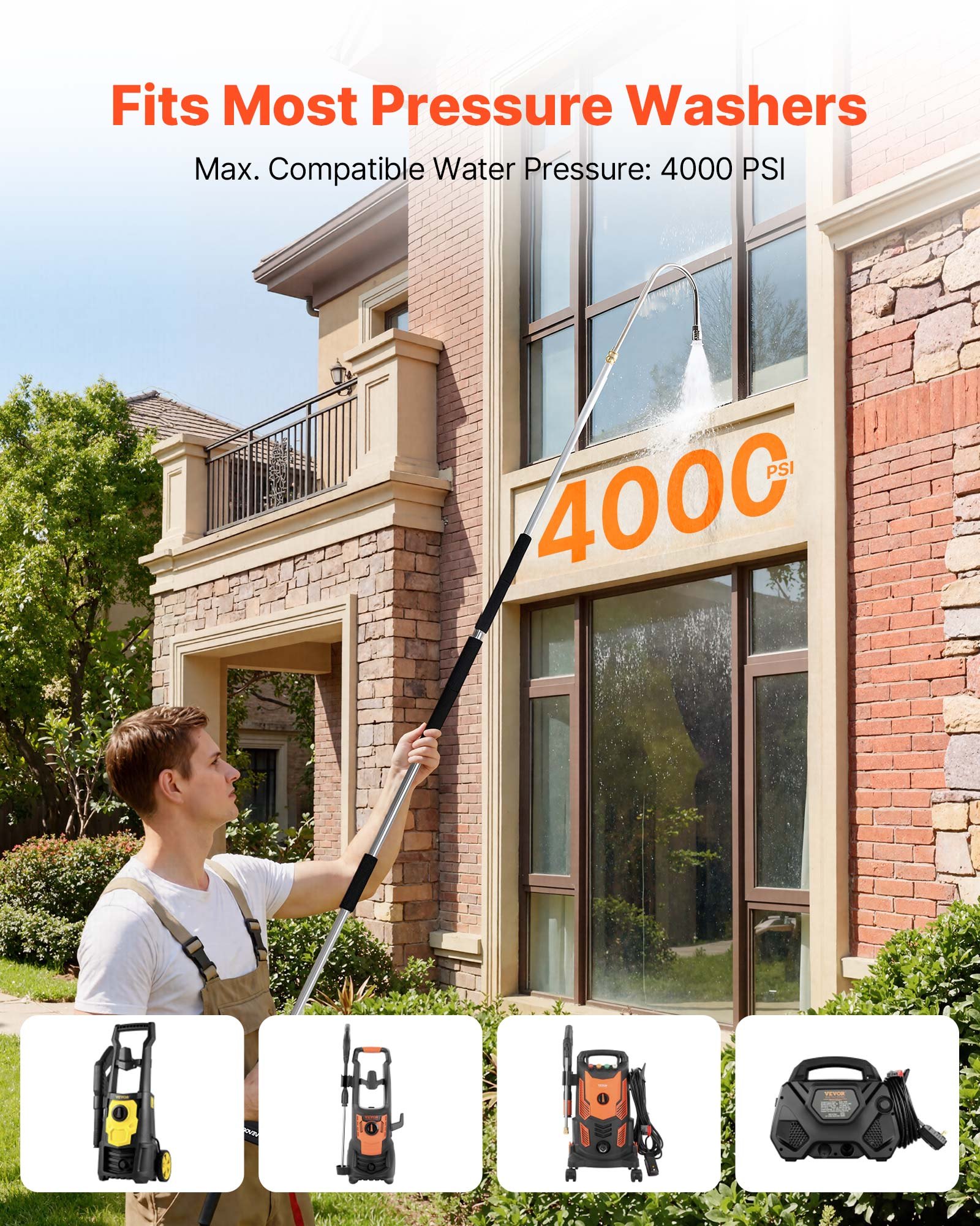 9 FT Pressure Washer Telescoping Wand, 3-Section With Power Washer Extension Wands, 7 Nozzles, Hose Adapter, Support Belt, Storage Bag, 4000 PSI Telescopic Gutter Cleaner For High Cleaning