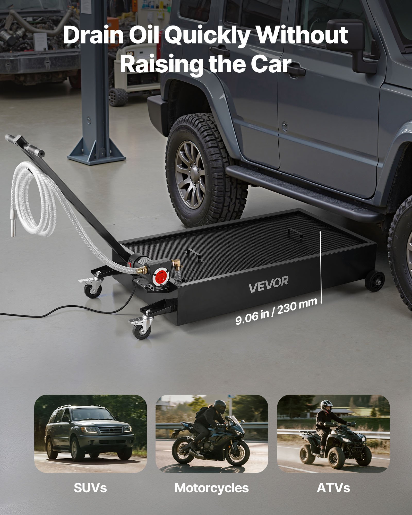 Low Profile Oil Drain Pan, 20 Gallon Capacity, Rolling Oil Drain Pan With Electric Pump & 7.2 Ft Hose, Leak-proof & Corrosion-resistant, Fit For Cars, SUVs, Trucks, Motorcycles, ATVs, Metal