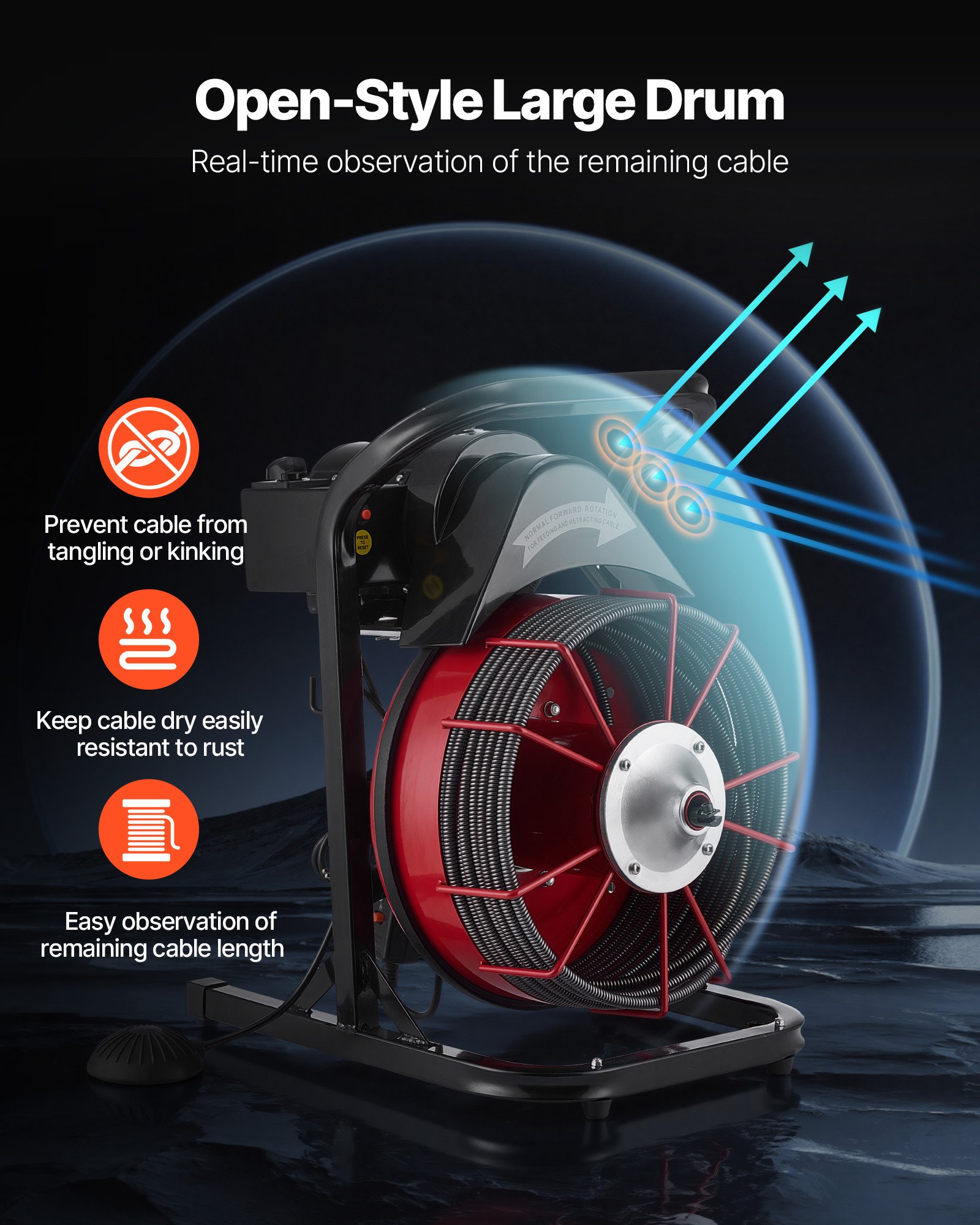Drain Cleaner Machine 75 FT X 3/8 Inch, Sewer Snake Auger Manual Feed With 4 Cutters & Air-activated Foot Switch For 2" To 4" Pipes