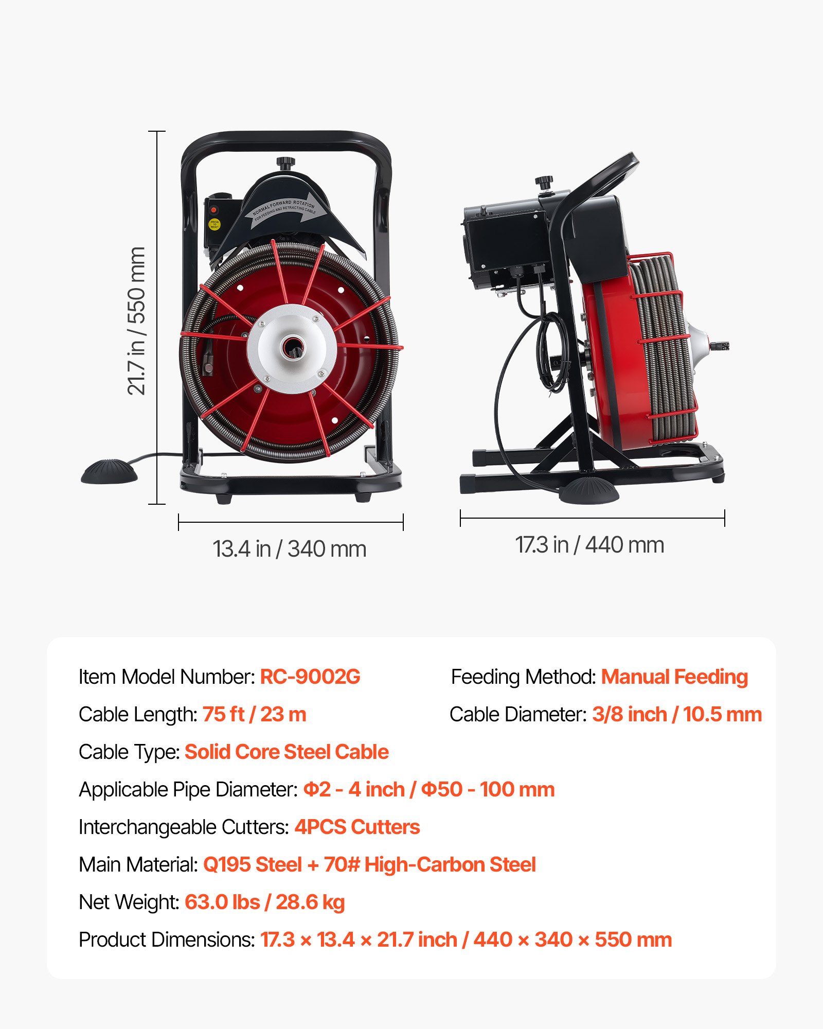 Drain Cleaner Machine 75 FT X 3/8 Inch, Sewer Snake Auger Manual Feed With 4 Cutters & Air-activated Foot Switch For 2" To 4" Pipes