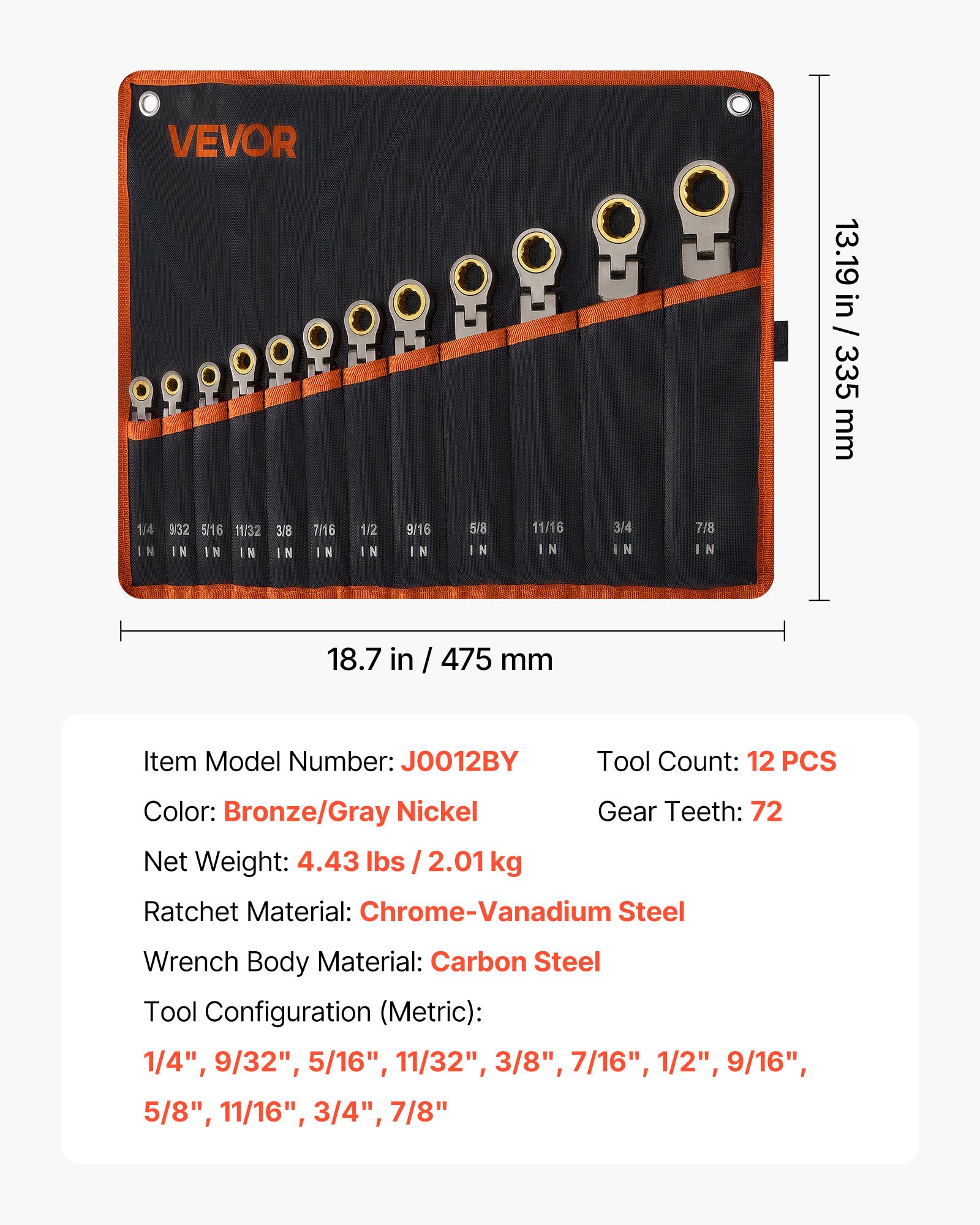 Flex-Head Ratcheting Wrench Set, 12-Piece SAE Sizes, 72 Teeth, Cr-V Steel Ratchet Flexible Combination Wrench Set With Roll Up Pouch, For General Household And Automotive Repairs, Gray Nickel - Image 1