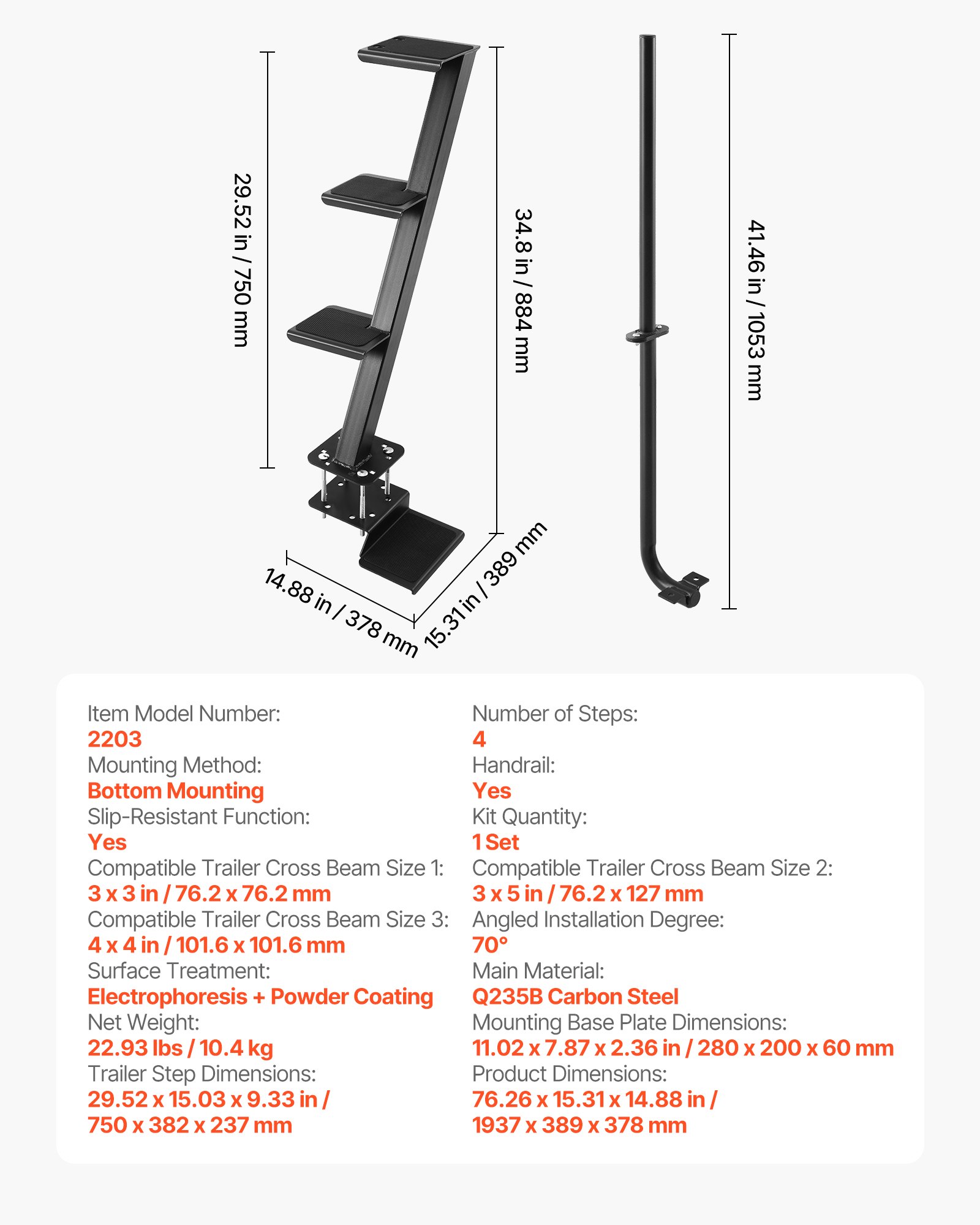 Boat Trailer Steps, 4-Step, Heavy-Duty Boat Trailer Steps With Handle, Non-Slip Surface, 3 Mounting Angle Options, Carbon Steel Ladder Suitable For 3" X 3"/3" X 5"/4" X 4" Frame, Bottom Mounting