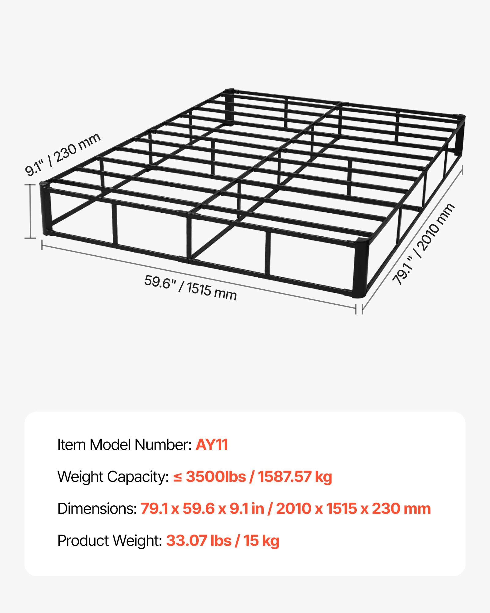 Box Spring, Queen Size Bed Frame With Washable Fabric Cloth, Heavy Duty Metal Frame For Queen Bed, 9.1 In Mattress Foundation, 3500 Lbs Max Weight Capacity, Easy Assembly, 79.1 X 59.6 X 9.1 In