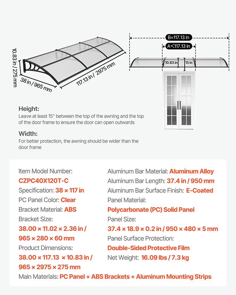 Awnings For Door Entrance, 38 X 117 In, Exterior Front Door Window Awnings With Drainage & ABS Bracket, Rain Snow Sun Protection, Overhang Polycarbonate Door Canopy For Porch Patio, Clear