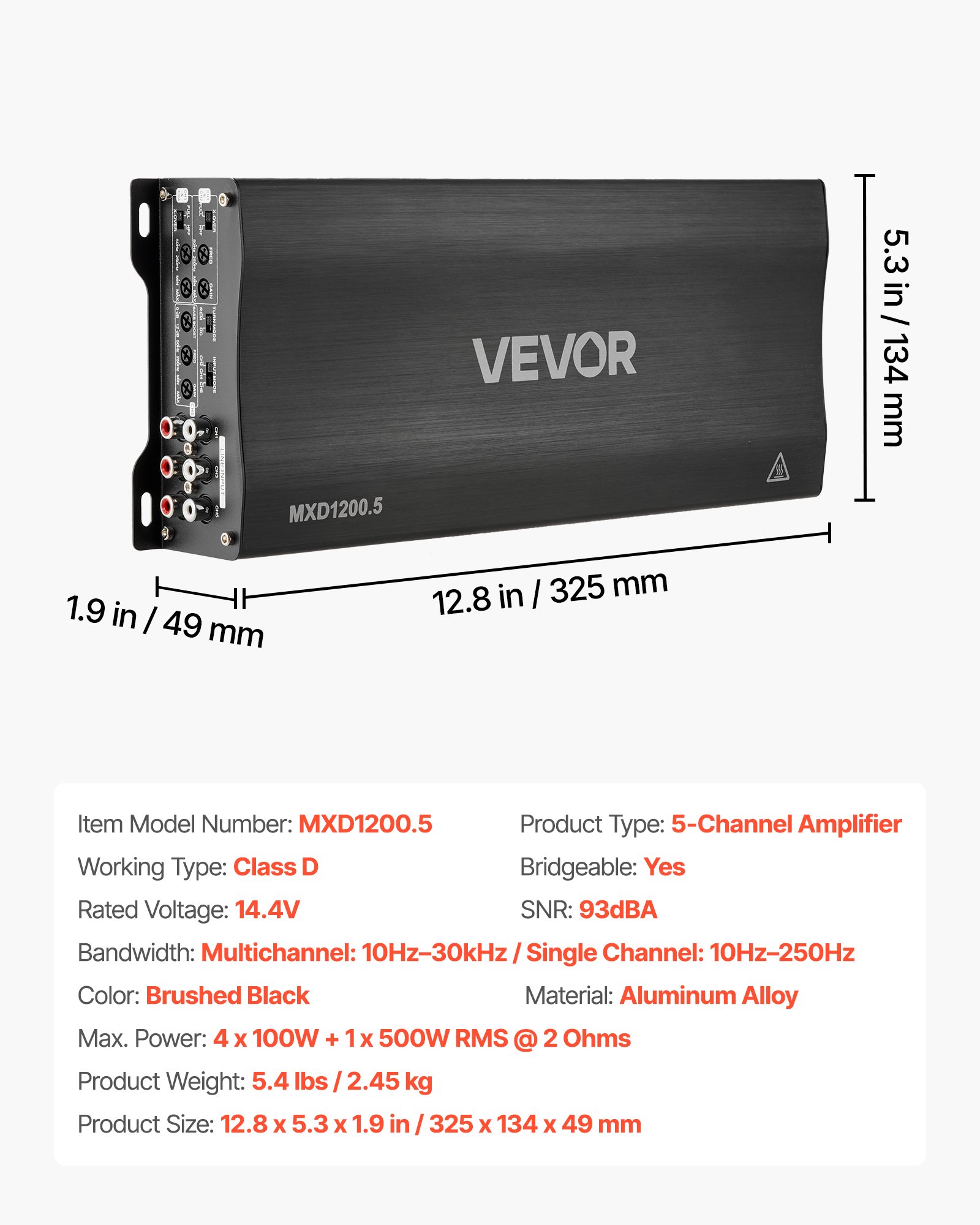 Car Audio Amplifier, 5-Channel Bridgeable Car Amplifier, Multichannel Class D Stereo Amp, Max. 4 X 100W At 4 Ohms / 4 X 200W At 2 Ohms + 1 X 1000W At 2 Ohms / 1 X 500W At 4 Ohms, For Vehicles