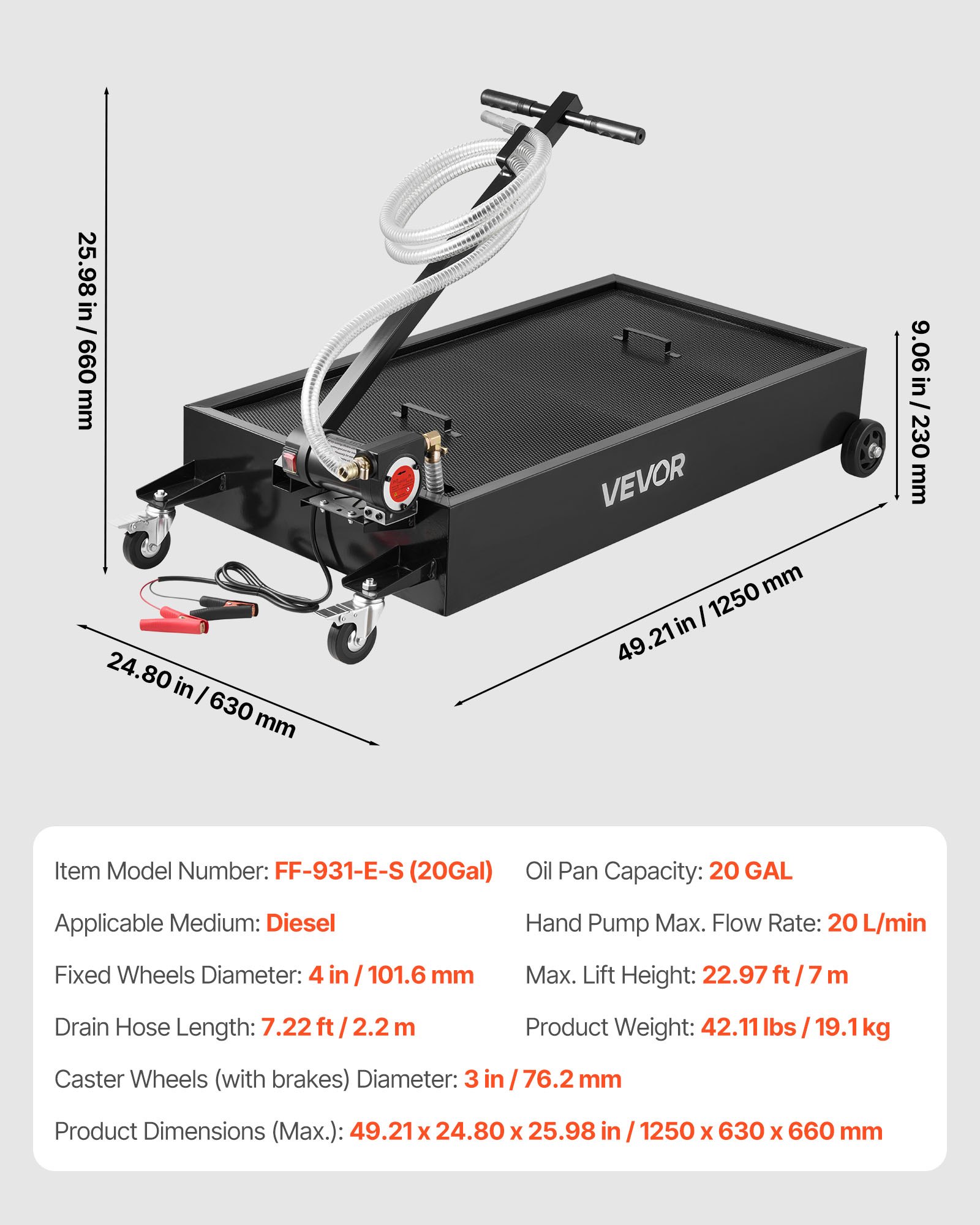 Low Profile Oil Drain Pan, 20 Gallon Capacity, Rolling Oil Drain Pan With Electric Pump & 7.2 Ft Hose, Leak-proof & Corrosion-resistant, Fit For Cars, SUVs, Trucks, Motorcycles, ATVs, Metal