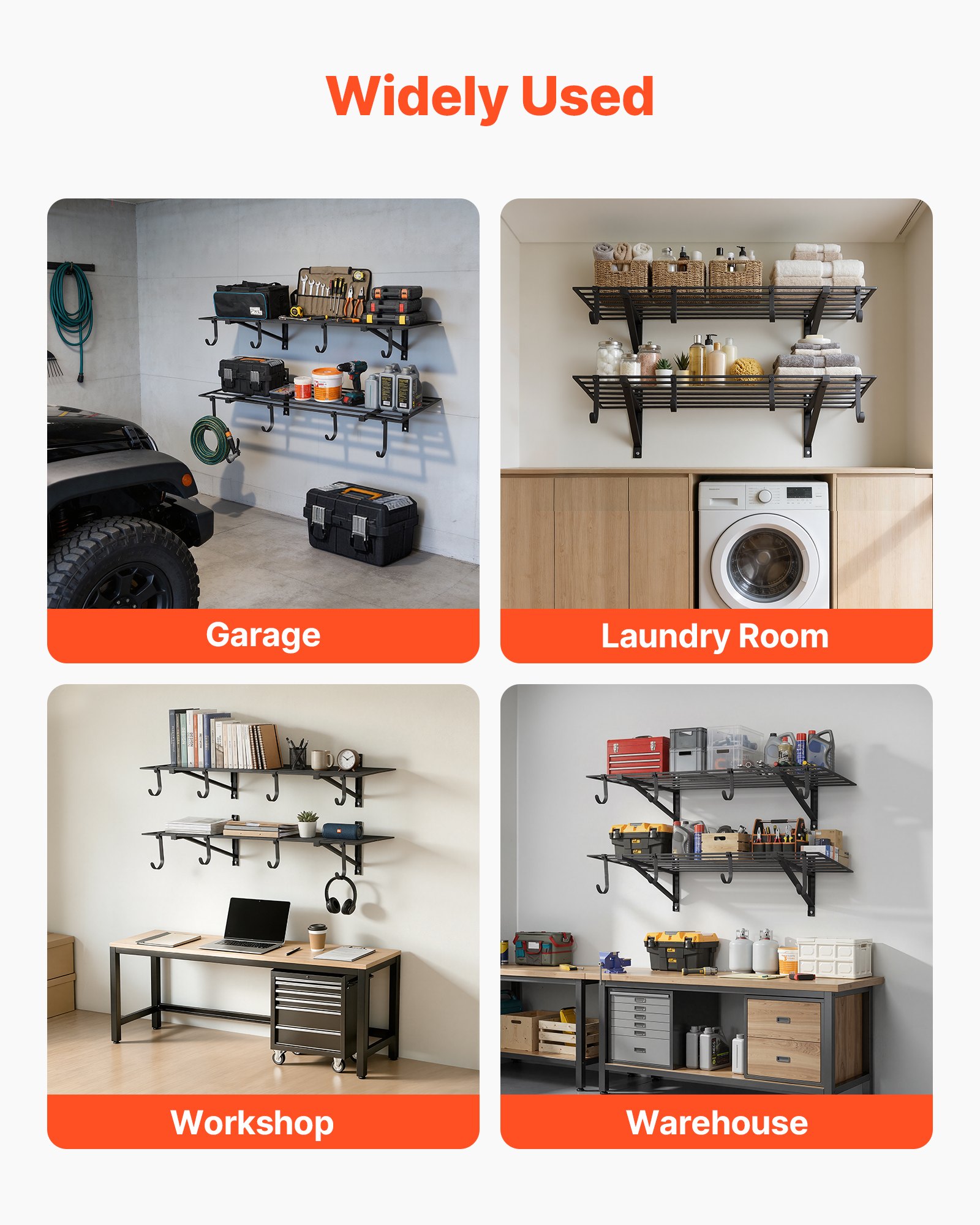 2-Tier Heavy Duty Wall Garage Shelving, 2 X 4 Ft Steel Wall Mounted Shelving Unit With Hooks, 24 X 48 Inch Per Shelf Floating Storage Metal Rack For Garage, 520 Lbs Total Weight Capacity, Black