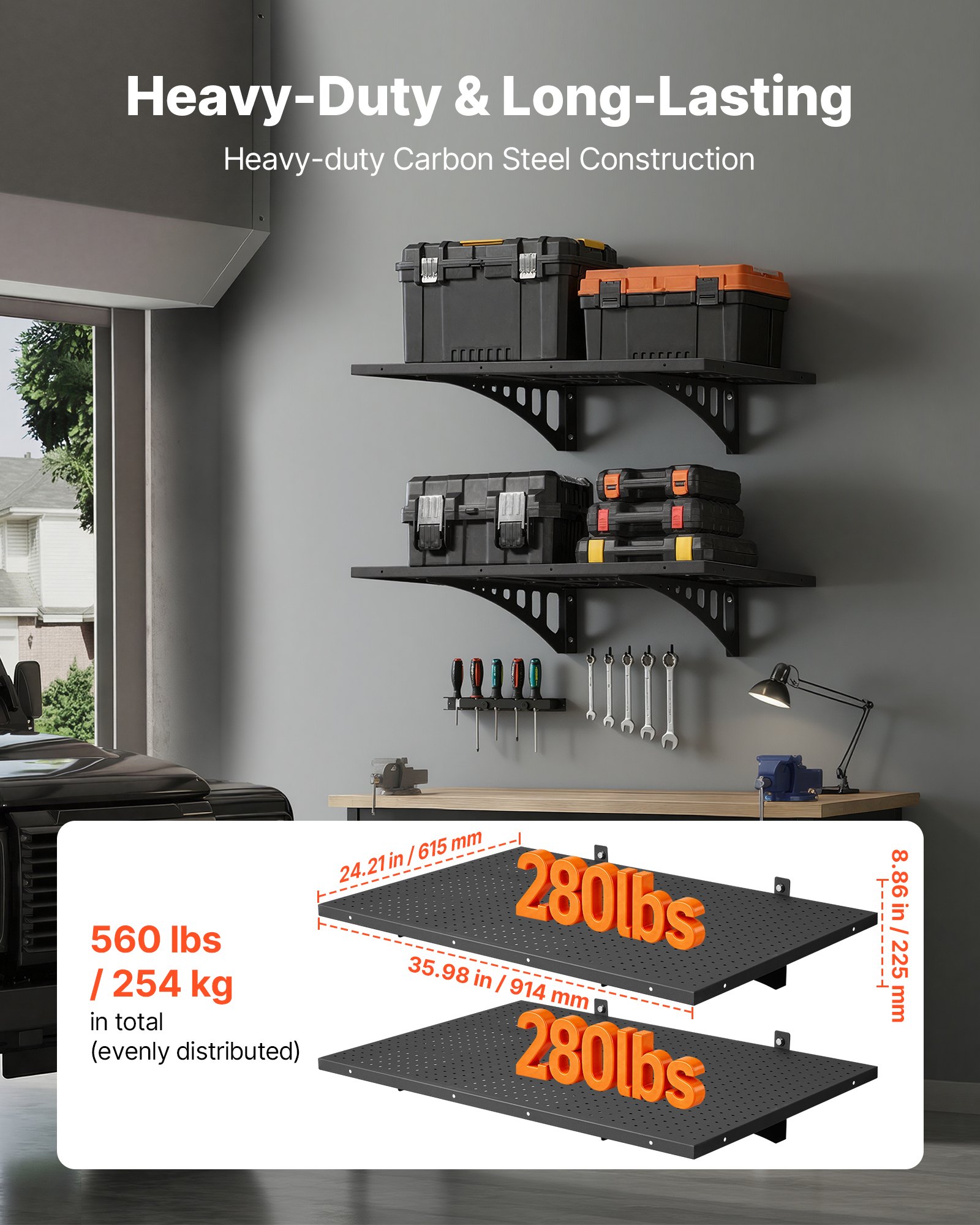 2-Tier Heavy Duty Wall Garage Shelving, 2 X 3 Ft Steel Wall Mounted Shelving Unit, 12 X 72 Inch Per Shelf Floating Storage Metal Rack For Garage With 560 Lbs Total Weight Capacity, Black