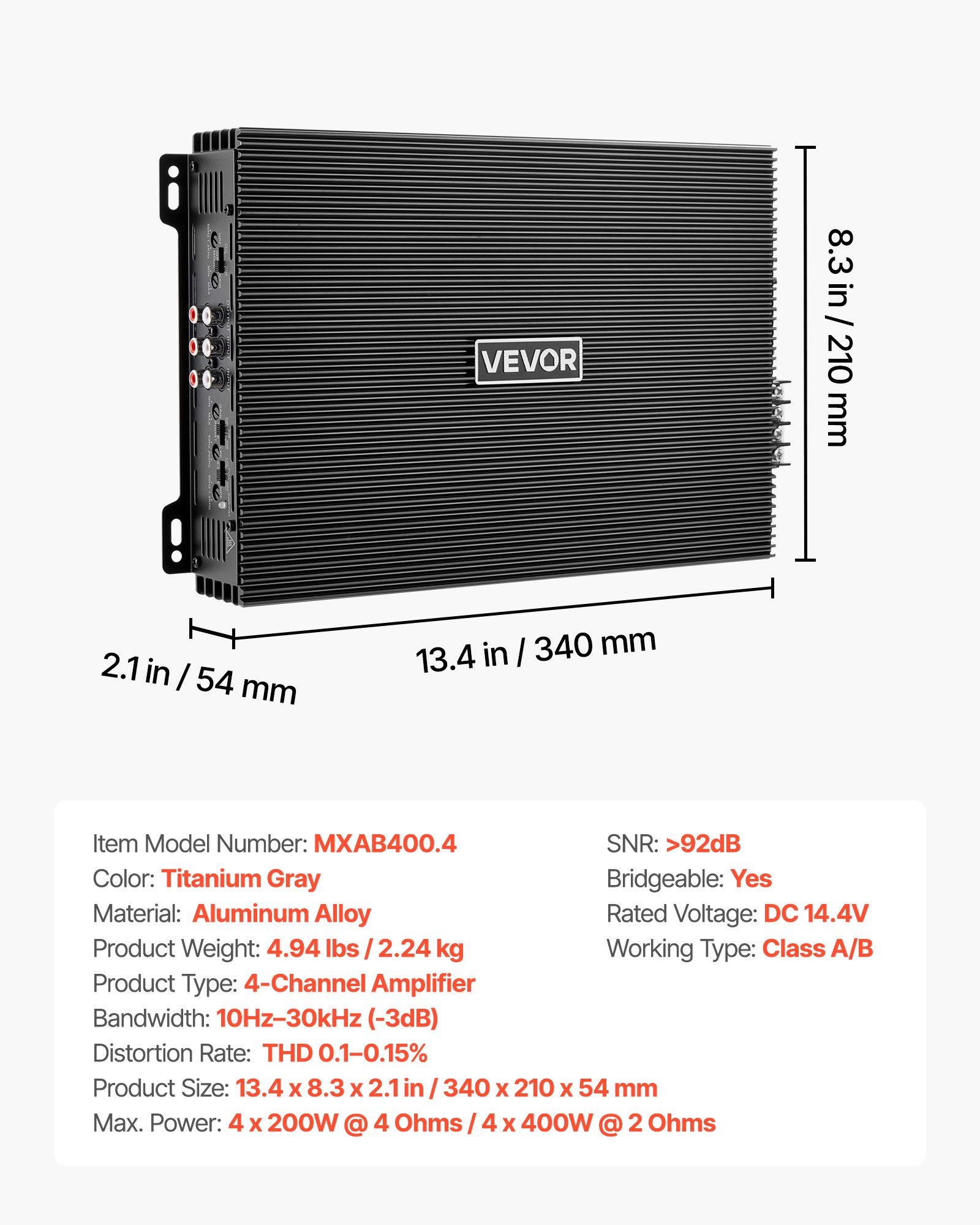 4 Channel Car Audio Amplifier 2 Ohm Stable Bridgeable Class A/B Full Range Amp Max Power 4 X 200W @ 4 Ohm / 4 X 400W @ 2 Ohm For Car SUV Truck Off-Road - Image 1