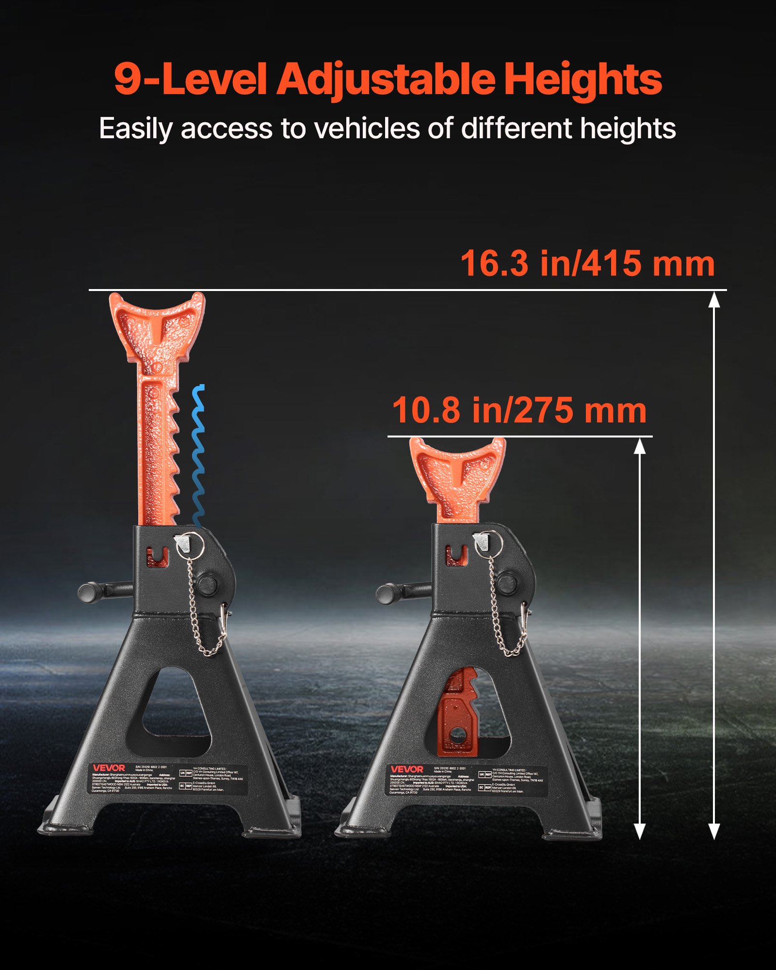Jack Stands, 3 Ton (6,600 Lbs) Capacity, 10.8-16.3 In Adjustable Height, Heavy Duty Steel Jack Auto Stands With Double Locking, For Lifting SUV, Pickup, Car, UTV/ATV, 1 Pair, Black And Orange