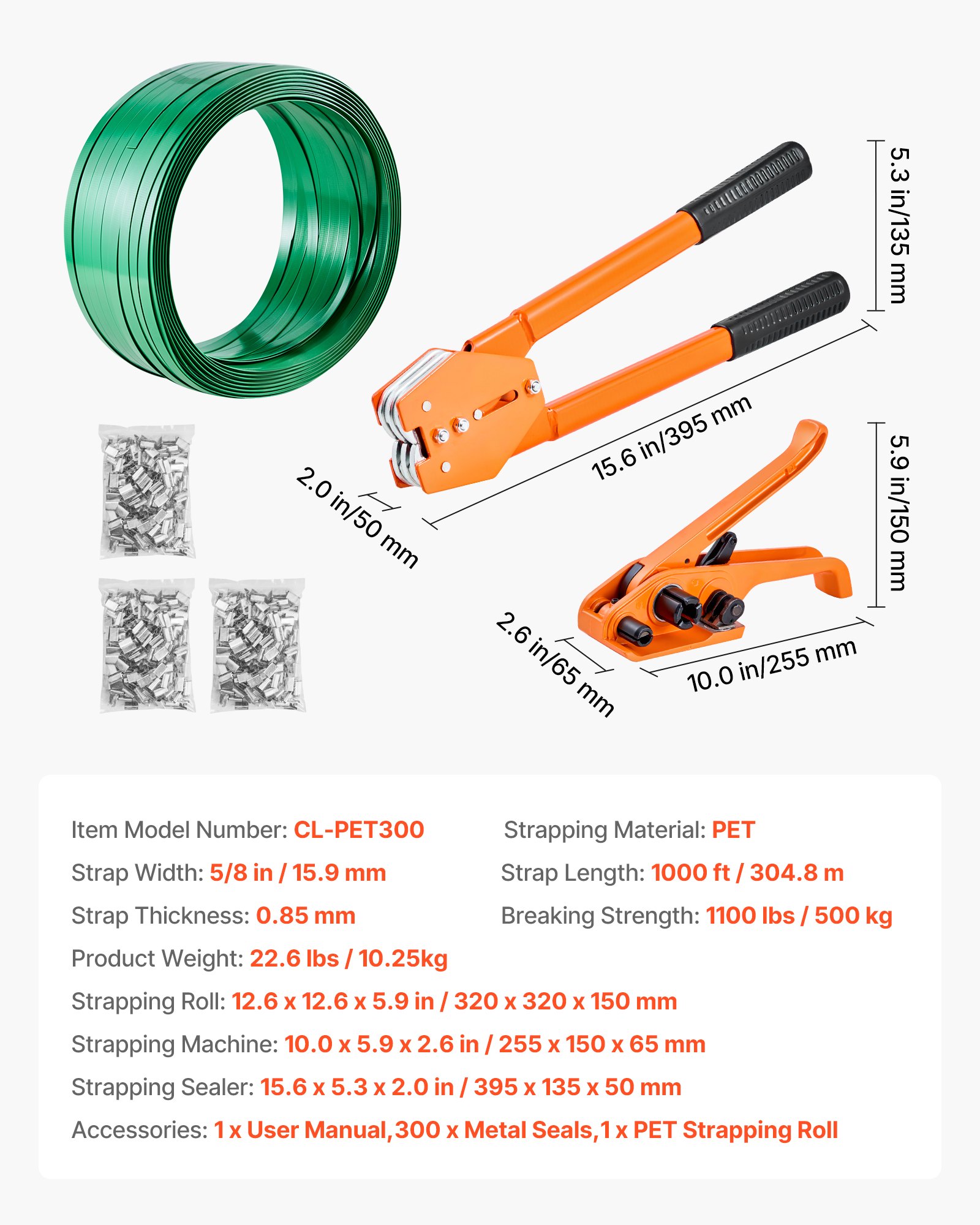 Banding Strapping Kit, Heavy Duty Banding Sealer Tool With 1000 Ft Length PET Band, 300 Metal Seals, Plastic Manual Pallet Packaging Strapping Kit For Warehouse/Shipping/Moving/Home, Orange