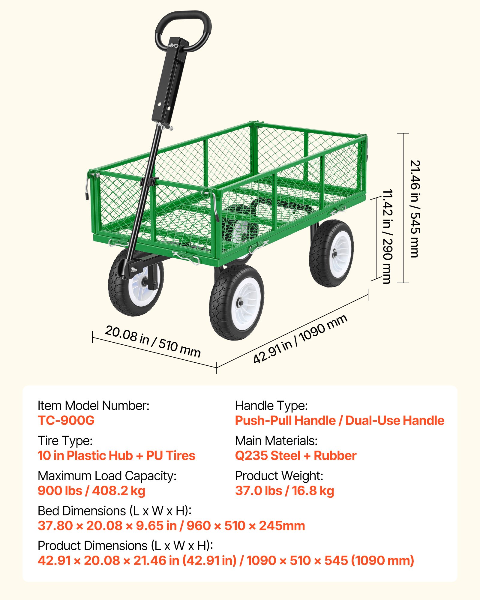Garden Cart, 900 LBS, Heavy Duty Steel Yard And Garden Utility Wagon With 10-Inch Tires, Outdoor Gardening Stool With Adjustable Handle, Detachable Side Panels, Attach To ATV Or Tractor, Green