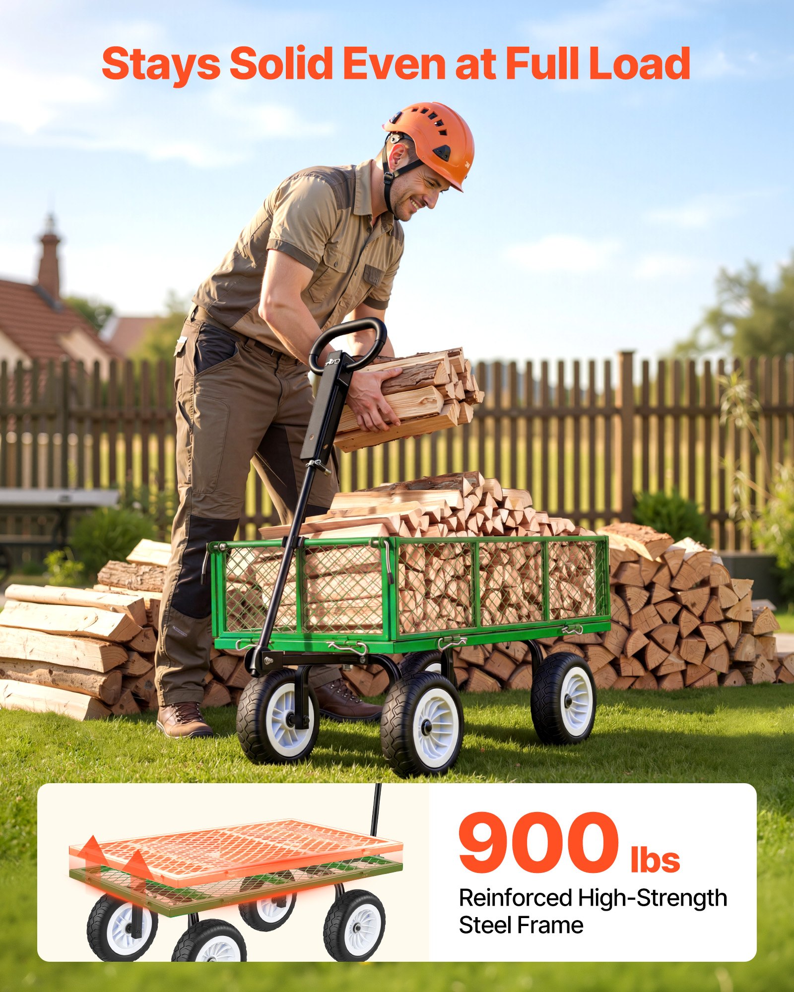 Garden Cart, 900 LBS, Heavy Duty Steel Yard And Garden Utility Wagon With 10-Inch Tires, Outdoor Gardening Stool With Adjustable Handle, Detachable Side Panels, Attach To ATV Or Tractor, Green