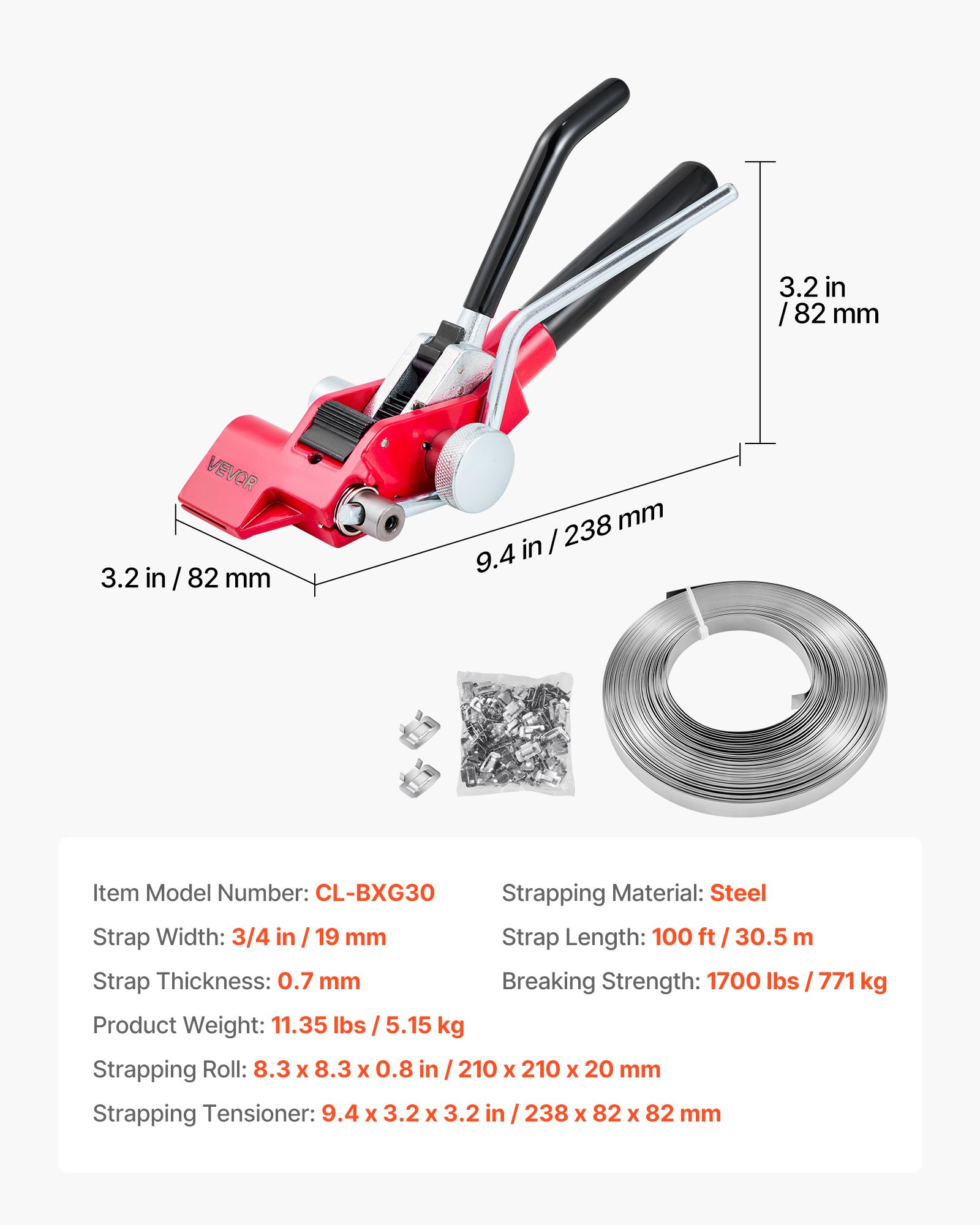 Steel Banding Strapping Kit, Heavy Duty Banding Sealer Tool With 100 Ft Binding Straps, 100 Metal Clasps, Manual Pallet Packaging Strapping Kit For Warehouse, Transportation, Industrial Bundling
