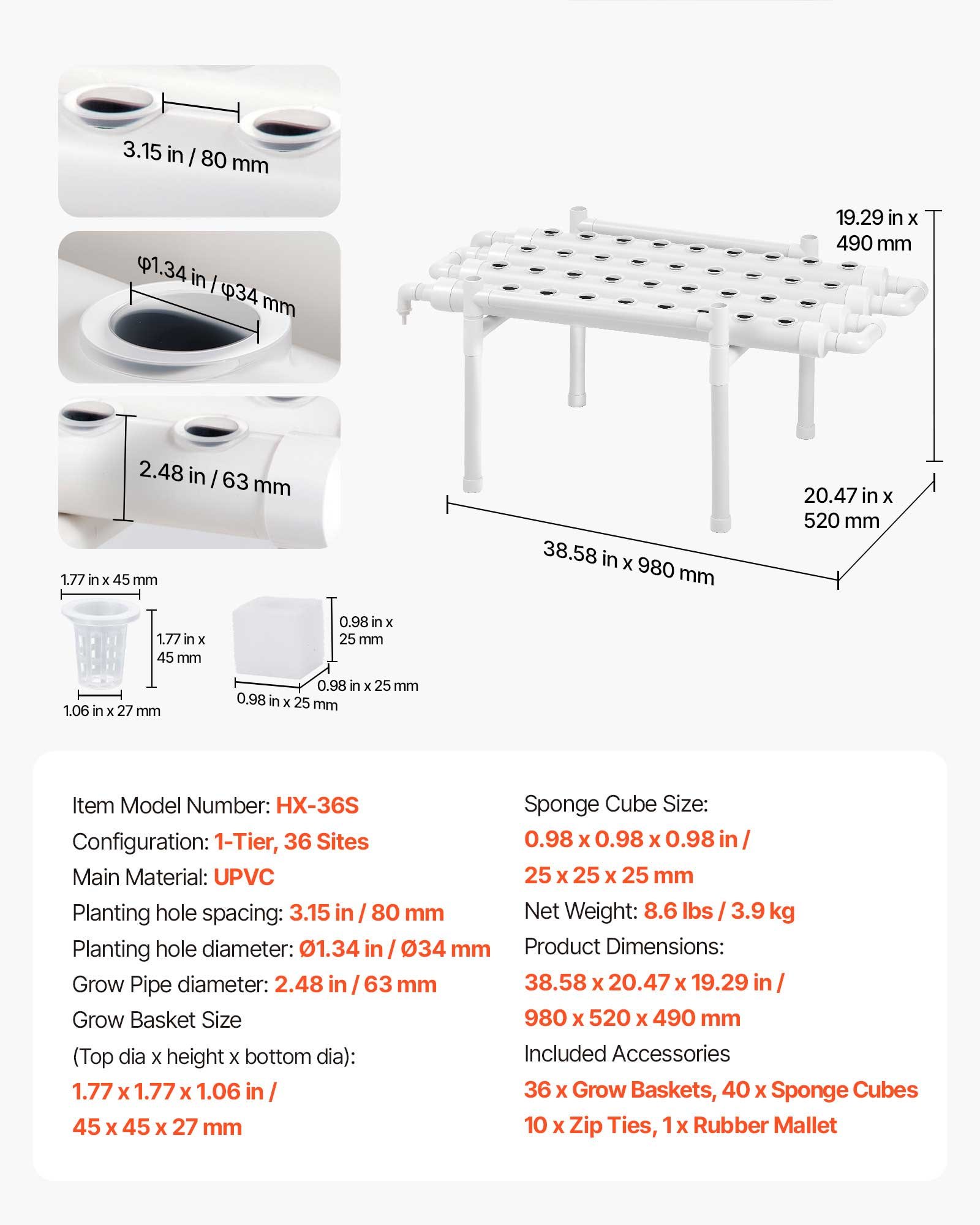 Hydroponics Growing System Kit, 1-Tier 36 Sites UPVC Pipe Hydroponic Grow Kit With Timed Irrigation, Sun & Light Blocking Pipes, Indoor Home Garden Vegetable Planting Grow Kits For Fruit Herb