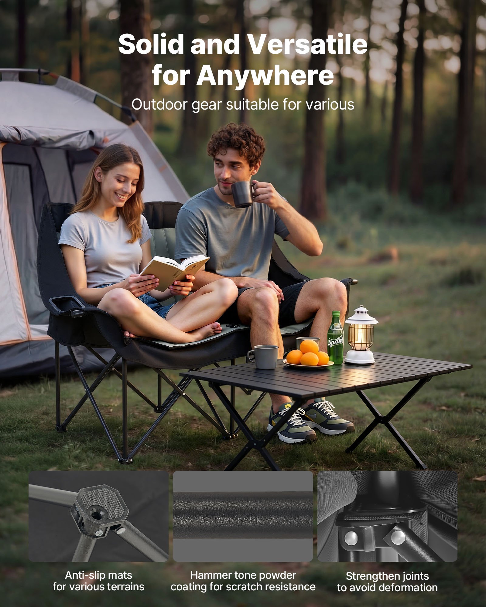 Double Camping Chair, Oversized Two Person Camp Chair With 660 Lbs Heavy Duty Support, With Dual Cup Holders, Wine Glass Holders, Magazine Straps, Carry Bags For Outdoor, Beach, 1 Pack image 4