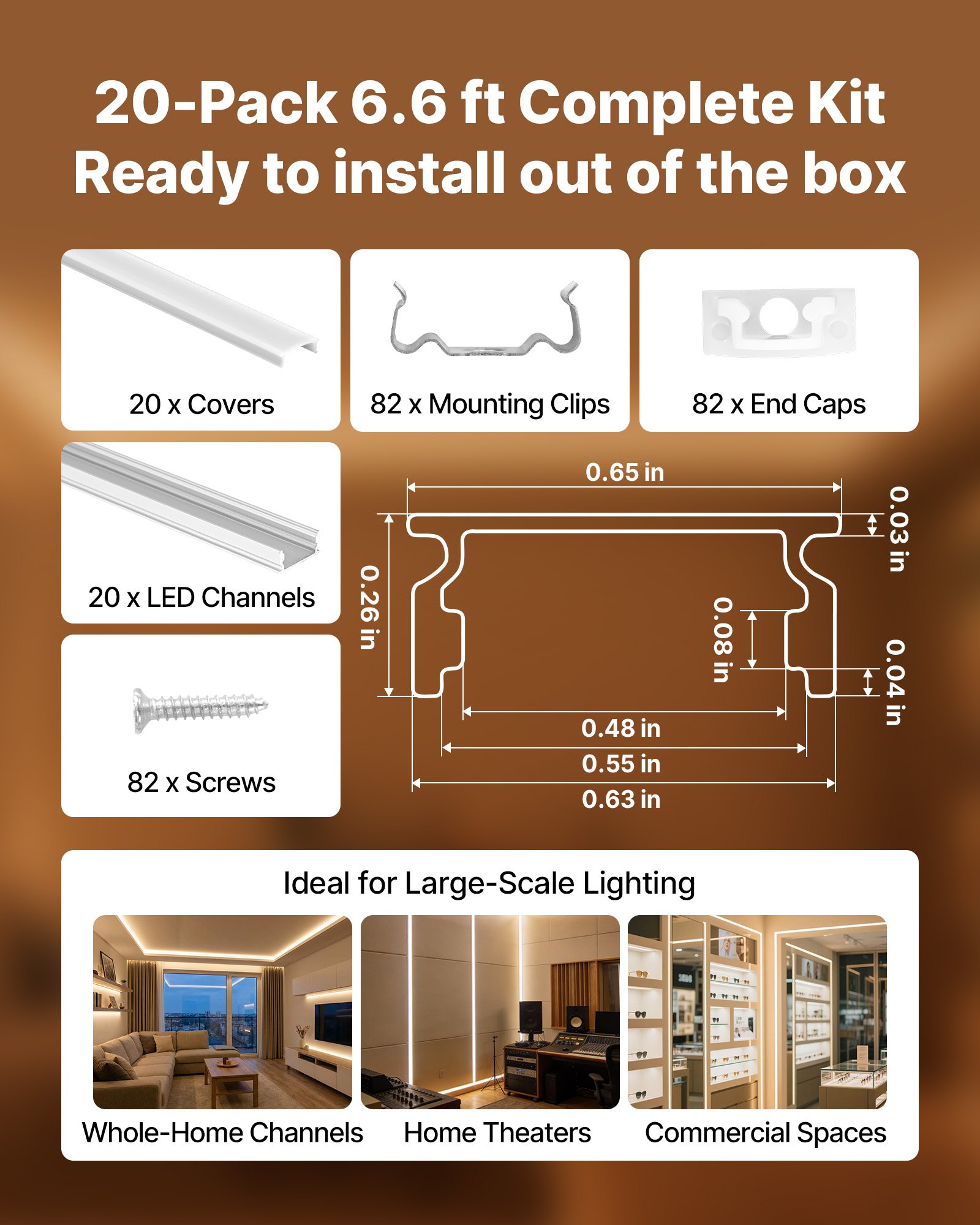 20-Pack 6.6 Ft/2M U Shape LED Aluminum Channel, With Milky Cover, End Caps And Mounting Clips, Aluminum Profile For LED Strip Light Installations, Easy Installation, For Under Cabinet Counter