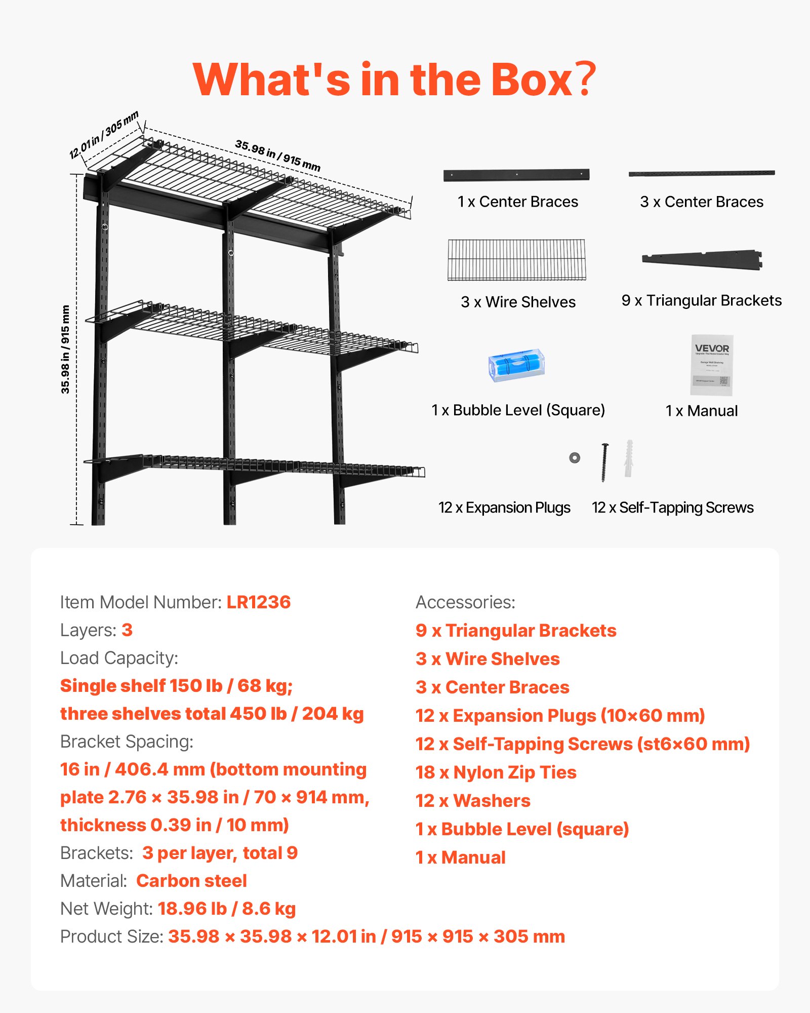 3-Tier Heavy Duty Wall Garage Shelving, 0.9 X 3 Ft Steel Wall Mounted Shelving Unit, 11 X 36 Inch Per Shelf Floating Storage Metal Rack For Garage With 450 Lbs Total Weight Capacity, Black