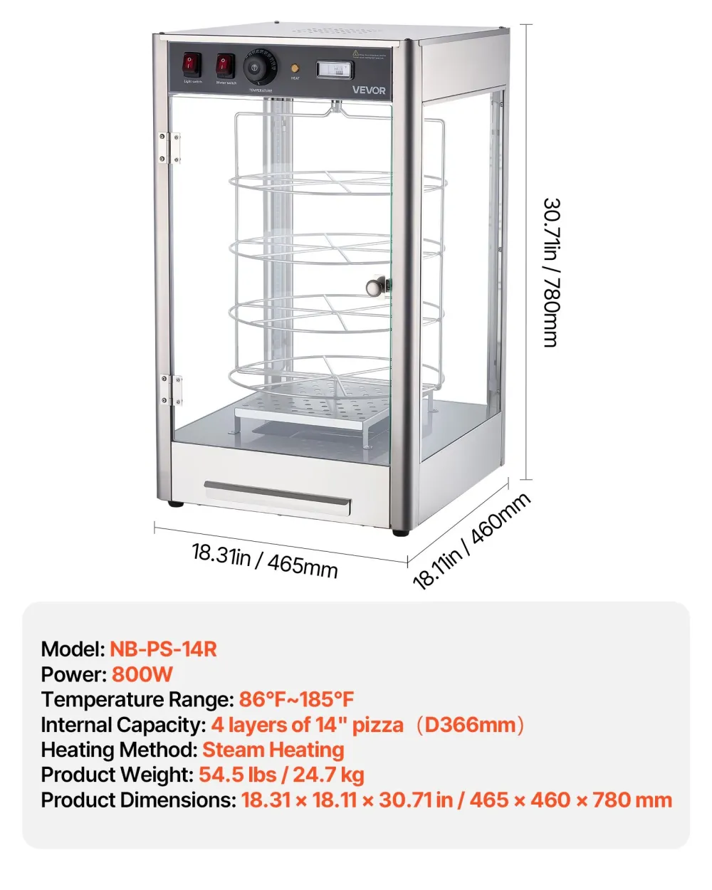 Commercial Food Warmer Display, 4-Tier Pizza Warmer With Rotary Steam Heating For 14 In Pizza, 86 F-185 F Temperature Control And Temp Display, 25W Oven Light  Top LED For Pizza Shop, Restaurant