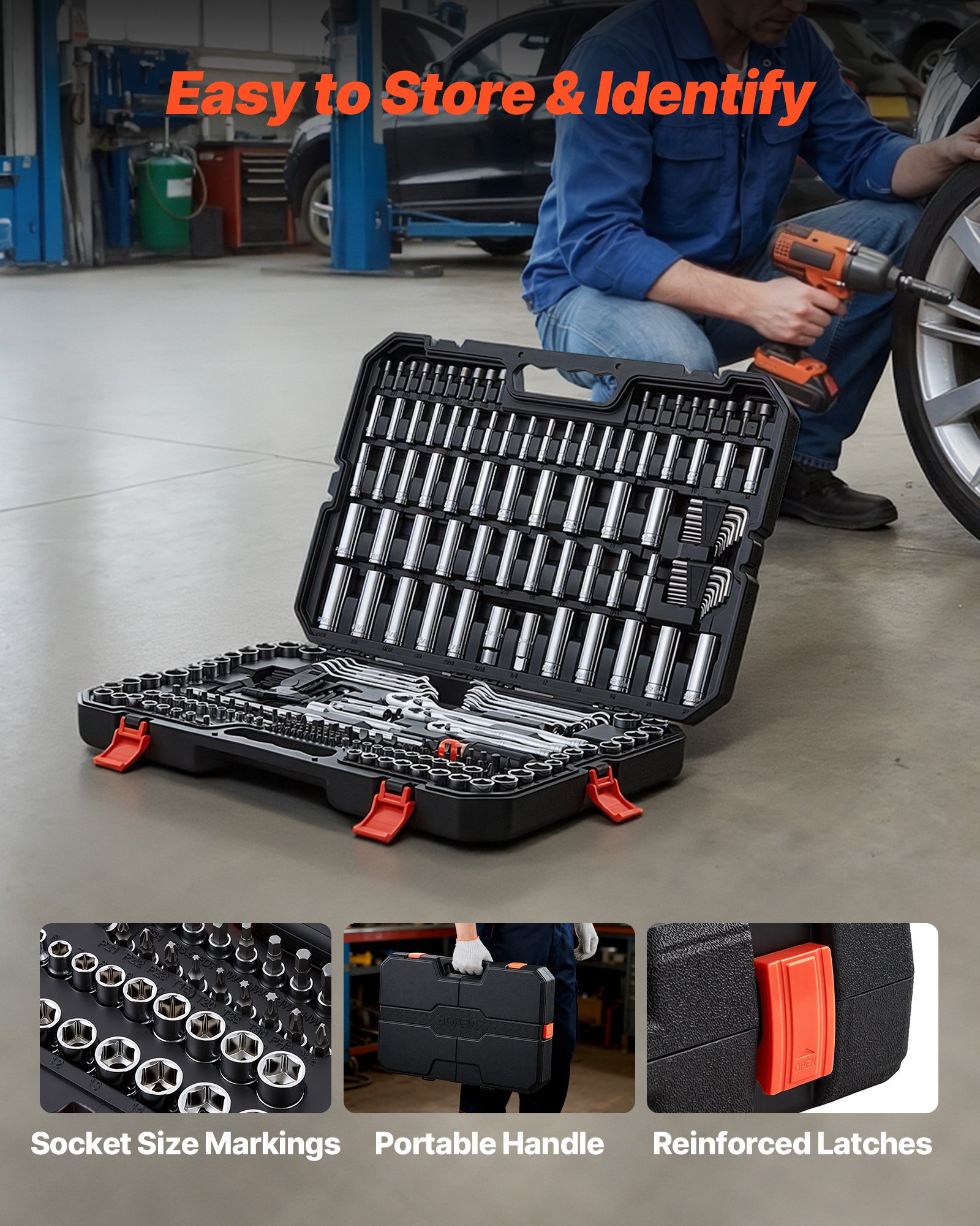 Mechanics Tool Set, 253-Piece Mechanic Tool Kit, 1/4 In, 3/8 In, And 1/2 In Drive, SAE And Metric Socket Set, Wrenches, Screwdriver Bits, Accessories, And Storage Case, For Automotive Repair