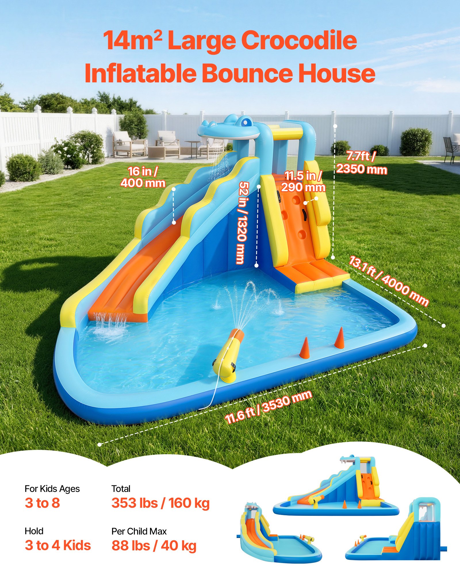 Inflatable Bounce House, 11.6 X 13.1 X 7.7 Ft Inflatable Bounce House Water Slide, Bouncer Castle With Bounces Zone, Climbing Wall, Splash Pool & Water Ring Toss, For 3 To 4 Kids Ages 3 To 8