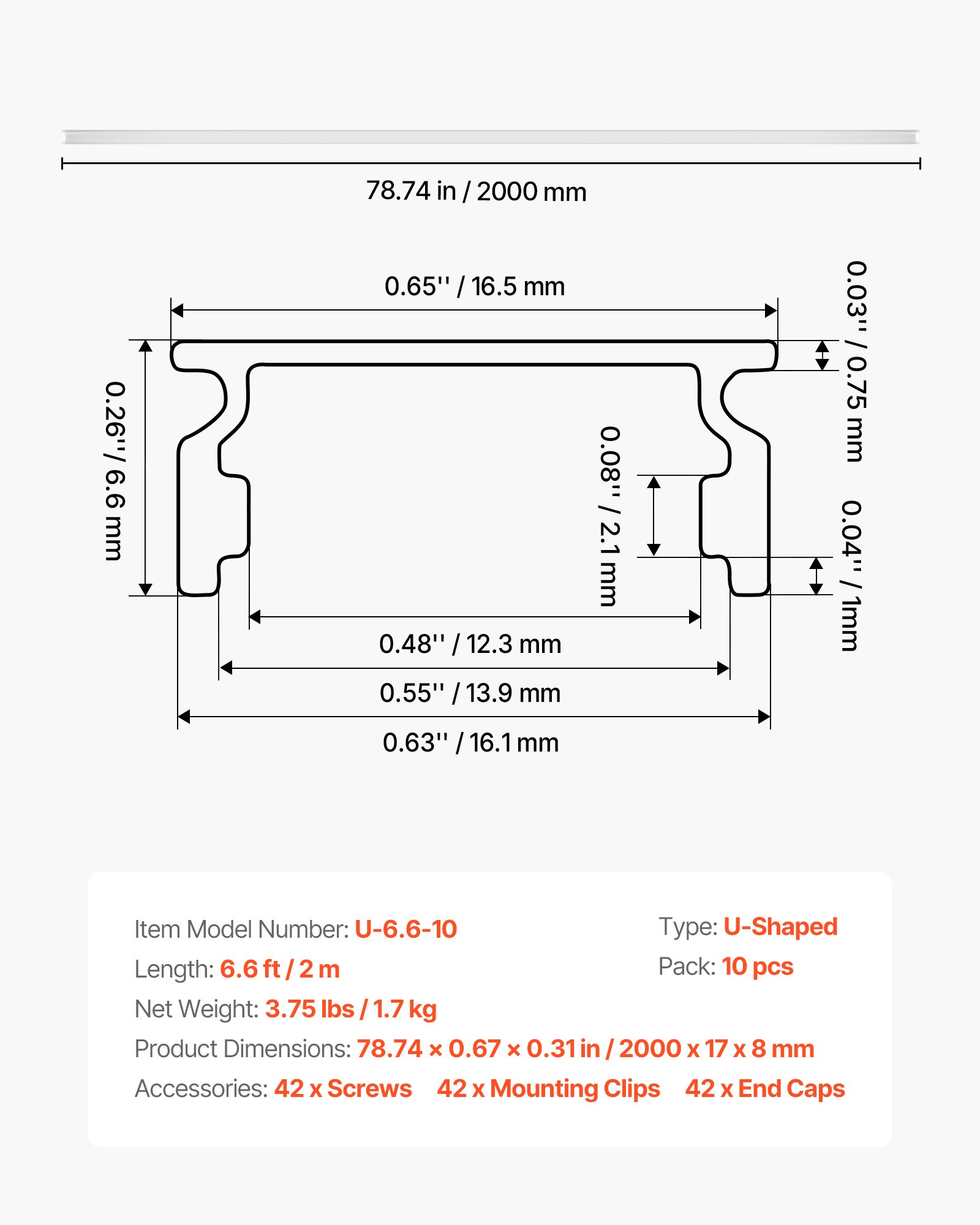 10-Pack 6.6 Ft/2M U Shape LED Aluminum Channel, With Milky Cover, End