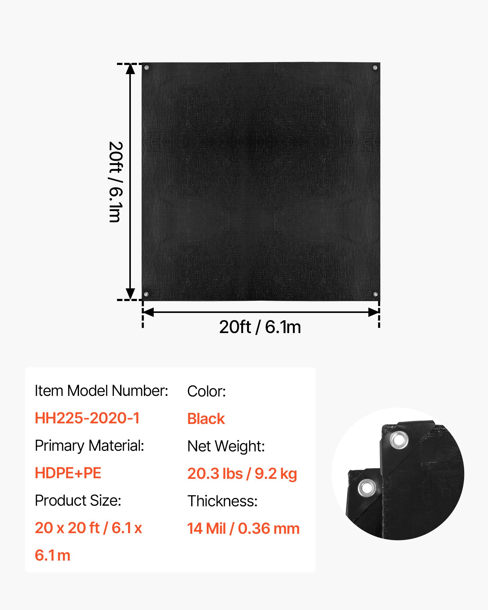 20 X 20 Ft Pond Liner, 14 Mil Thickness, 3-Layer Reinforced PE Fish Koi Pond Liner For Outdoor Ponds, With Hemmed Edge And 4 Metal Buttonholes, For Water Garden, Waterfall, And Fountains, Black