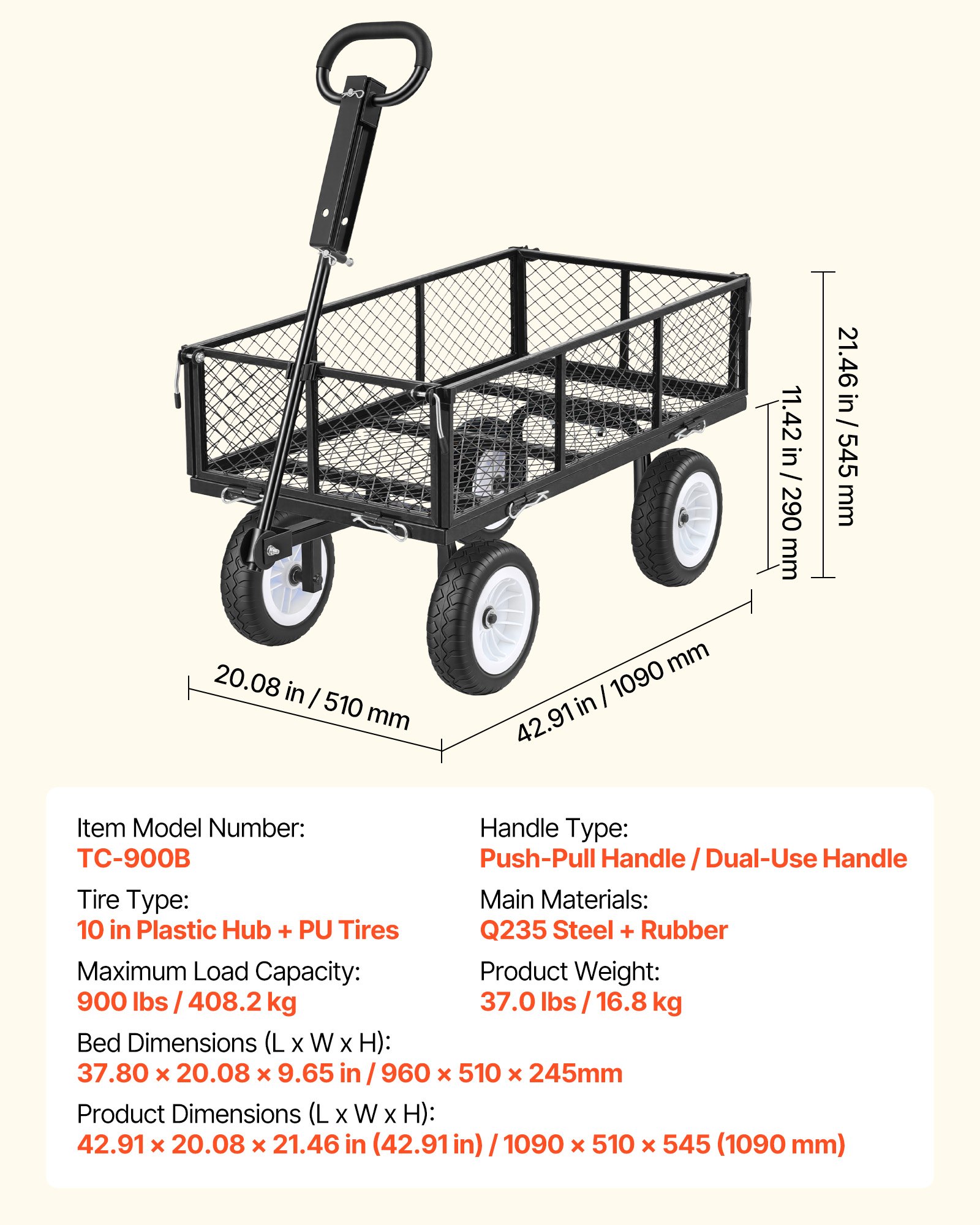 Garden Cart, 900 LBS, Heavy Duty Steel Yard And Garden Utility Wagon With 10-Inch Tires, Outdoor Gardening Stool With Adjustable Handle, Detachable Side Panels, Attach To ATV Or Tractor, Black